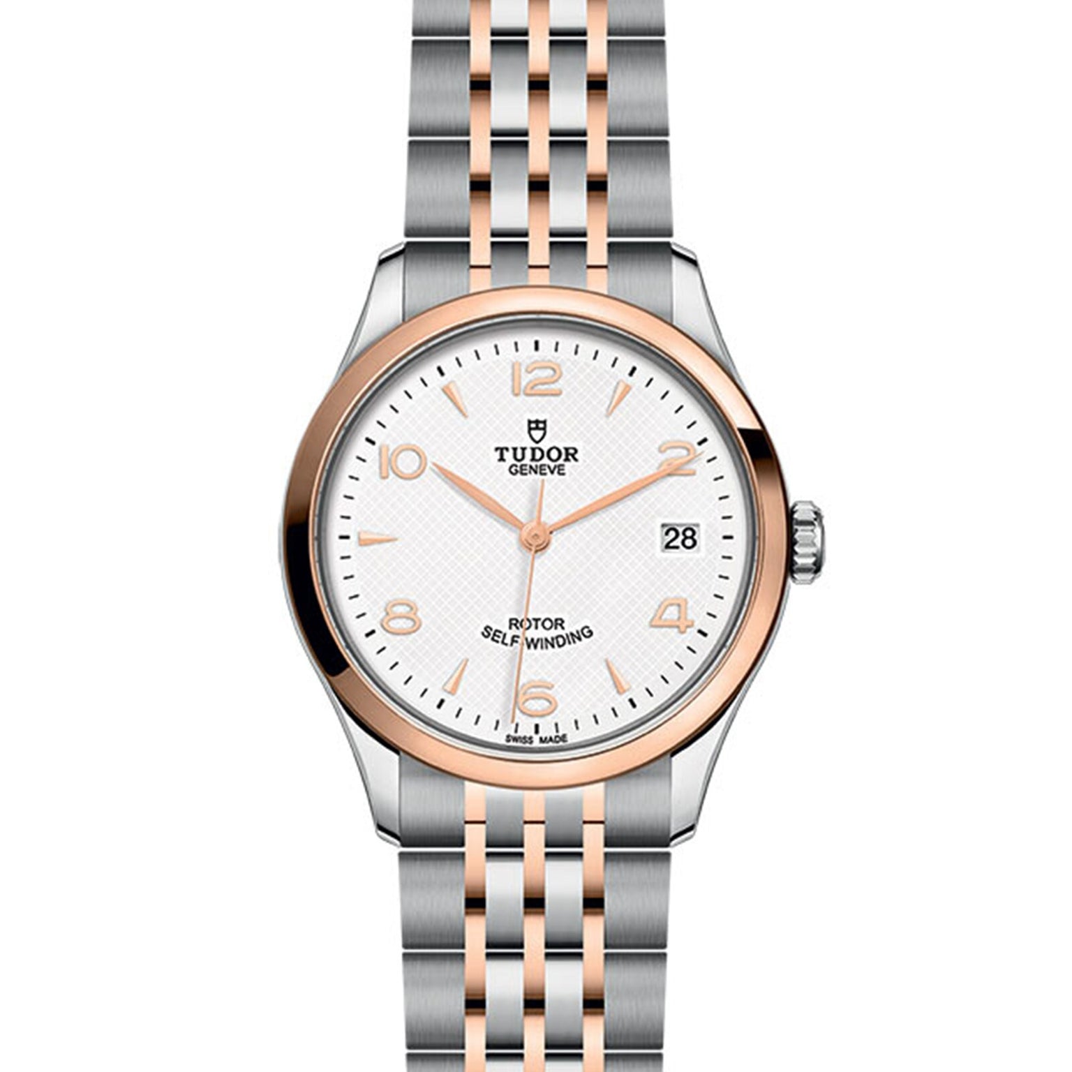 The TUDOR 1926 wristwatch features a silver and rose gold metal band, white textured dial, gold hour markers, 3 o’clock date window, and TUDOR Genève branding—crafted by the brand founded by Rolex’s creator.
