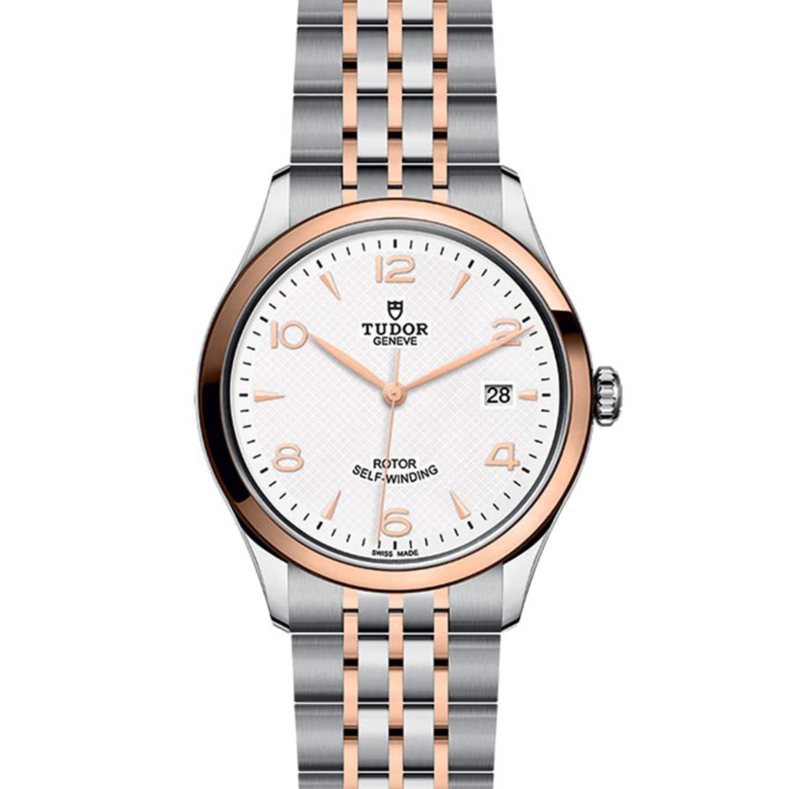 The TUDOR 1926 features a white dial, gold hour markers, date display, and a two-tone silver and gold bracelet—classic elegance for fine mechanical watch enthusiasts.