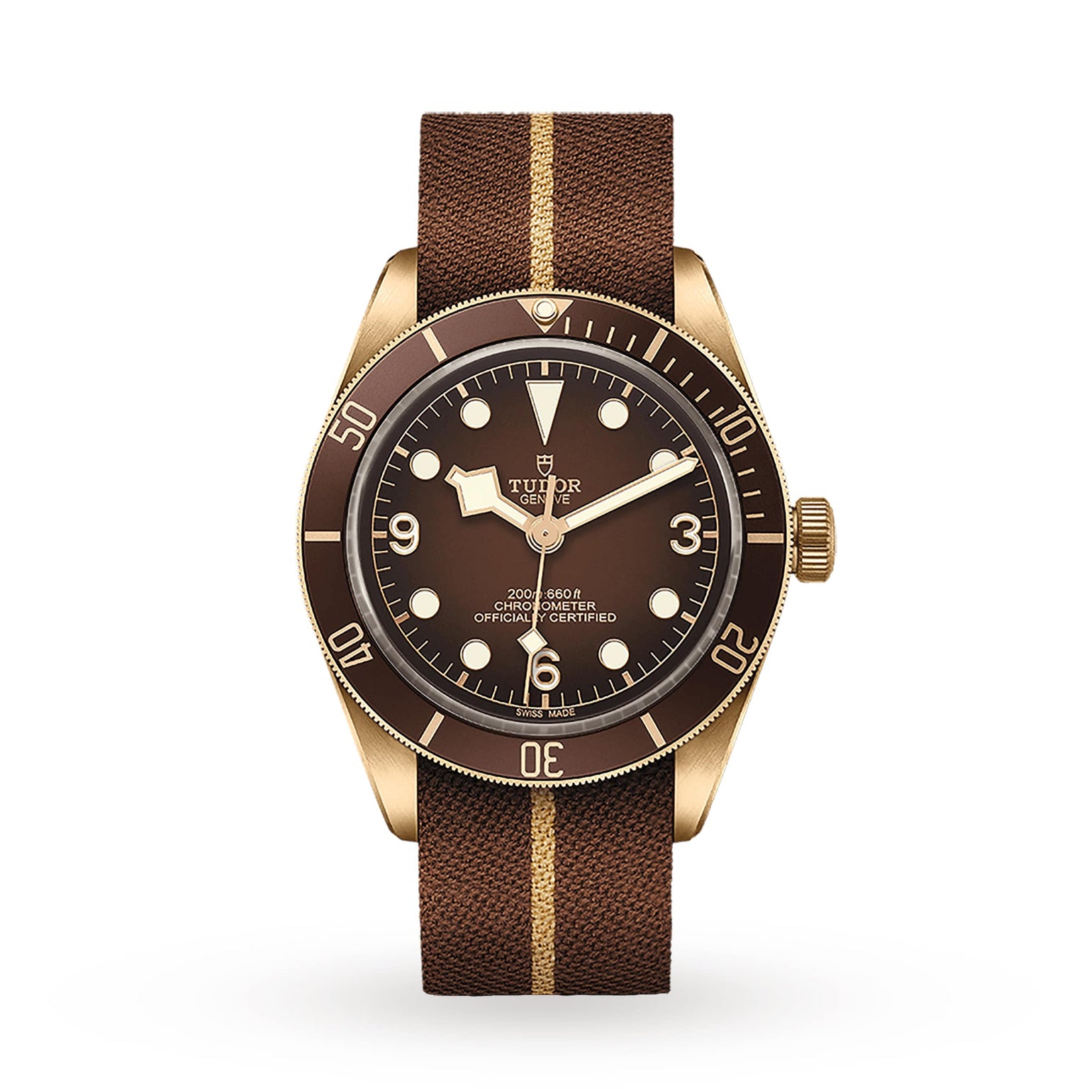 The TUDOR Black Bay 58 Bronze is a Swiss-made watch with a brown dial, bronze case, gold-tone accents, and a brown fabric strap featuring a gold stripe. It displays hours, minutes, and seconds.