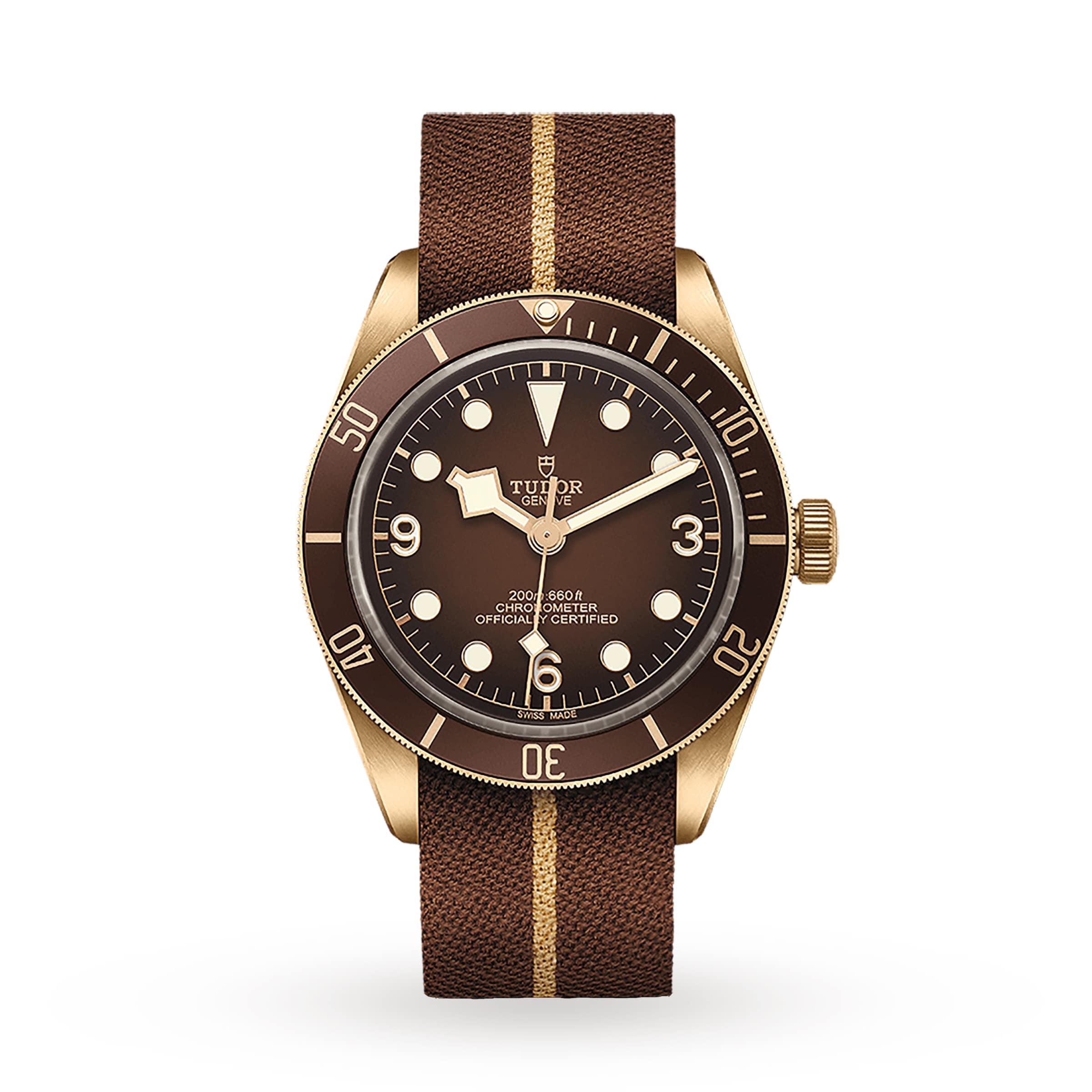 The TUDOR Black Bay 58 Bronze is a Swiss-made watch with a brown dial, bronze case, gold-tone accents, and a brown fabric strap featuring a gold stripe. It displays hours, minutes, and seconds.