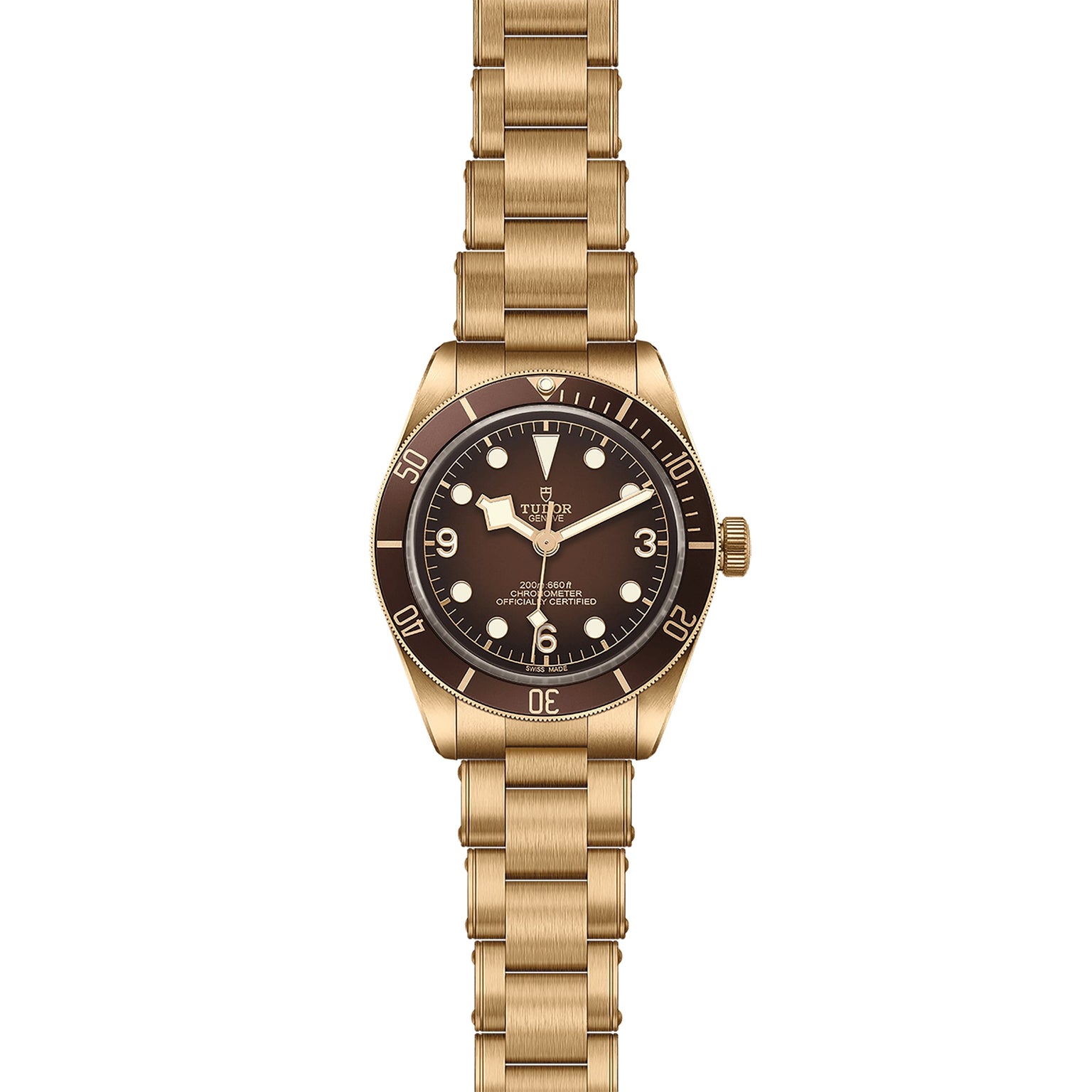 The TUDOR Black Bay 58 Bronze is a gold-toned Swiss-made wristwatch with bronze construction, brown bezel and dial, round hour markers, and a metal link bracelet—an elegant piece displayed on a white background.