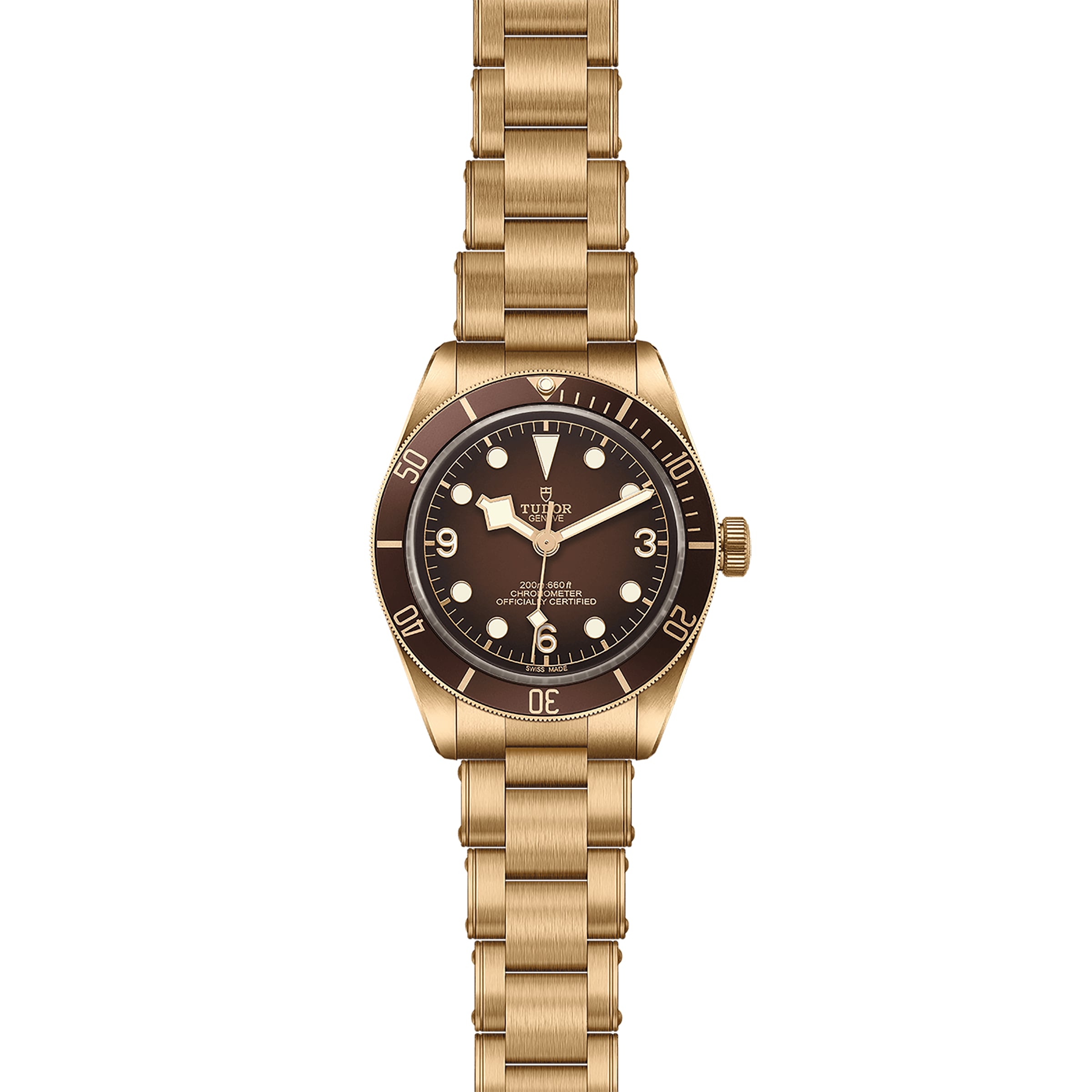 The TUDOR Black Bay 58 Bronze is a gold-toned Swiss-made wristwatch with bronze construction, brown bezel and dial, round hour markers, and a metal link bracelet—an elegant piece displayed on a white background.
