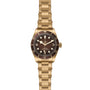 The TUDOR Black Bay 58 Bronze is a gold-toned Swiss-made wristwatch with bronze construction, brown bezel and dial, round hour markers, and a metal link bracelet—an elegant piece displayed on a white background.