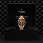 A TUDOR Black Bay 58 Bronze wristwatch with a brown dial and bezel, crafted in bronze, is displayed upright in an open black presentation box labeled TUDOR.