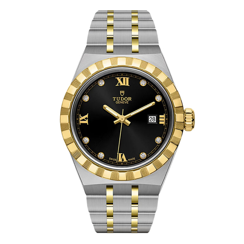 The TUDOR Royal wristwatch features a two-tone silver and gold bracelet, black dial, gold Roman numerals, diamond hour markers, and a date window—a standout piece from the TUDOR collection.