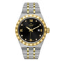 The TUDOR Royal wristwatch features a two-tone silver and gold bracelet, black dial, gold Roman numerals, diamond hour markers, and a date window—a standout piece from the TUDOR collection.