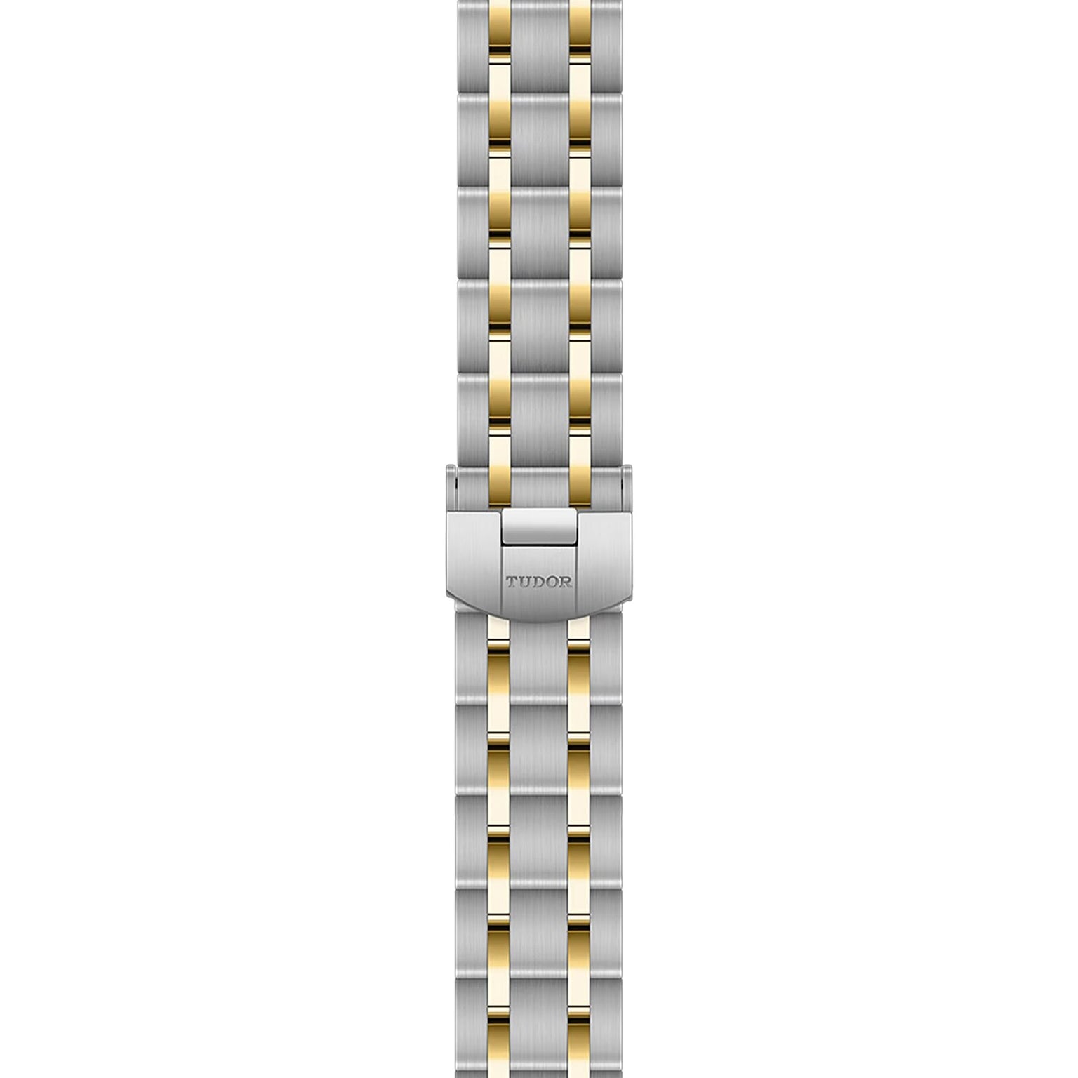 Stainless steel and yellow gold bracelet with folding clasp engraved with TUDOR, showcasing the signature style of the Royal collection.
