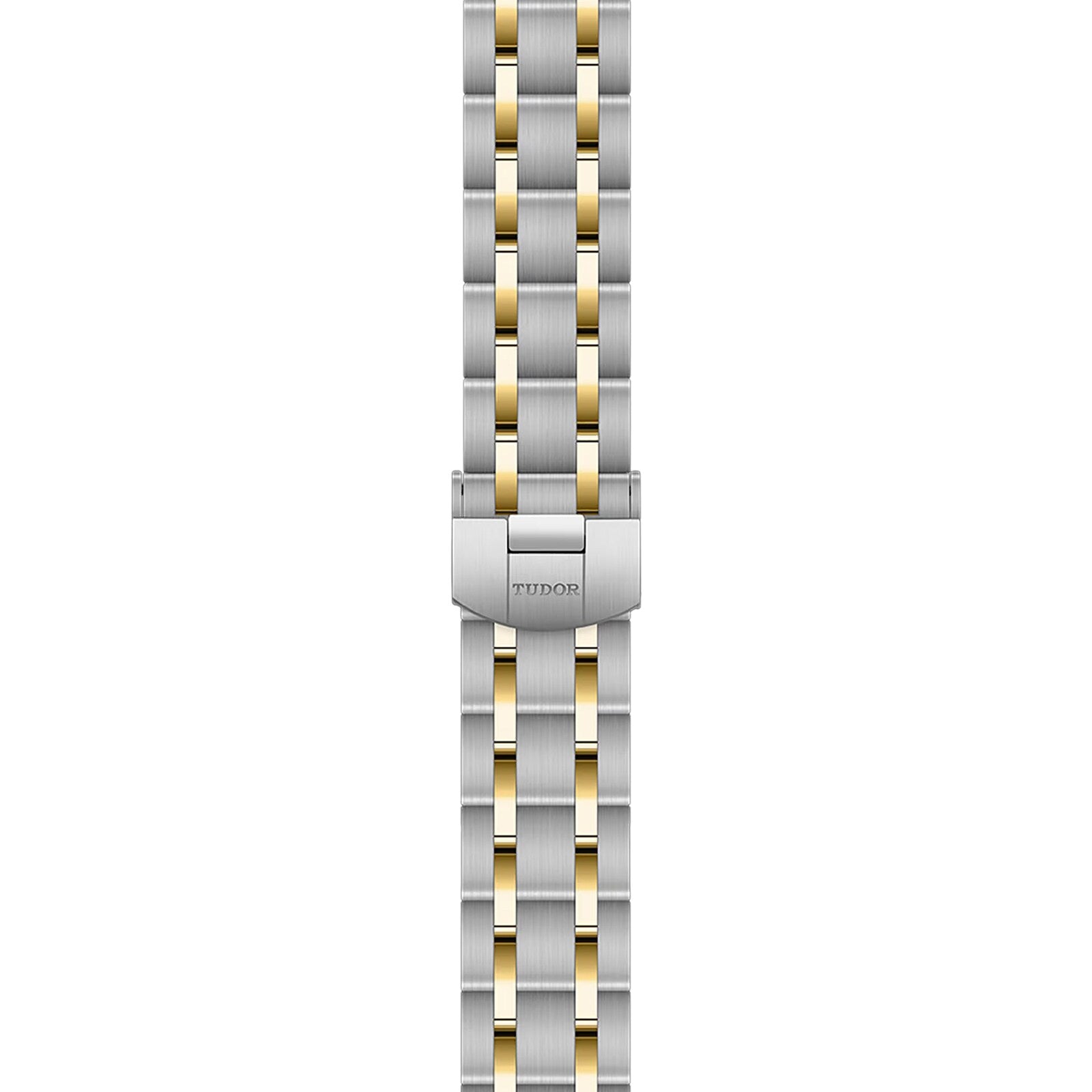 Stainless steel and yellow gold bracelet with folding clasp engraved with TUDOR, showcasing the signature style of the Royal collection.