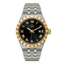 The TUDOR Royal features a black dial, gold Roman numerals, gold bezel, date display, and a two-tone stainless steel and gold bracelet.
