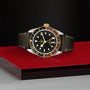 The TUDOR Black Bay GMT S&G, a black and yellow gold wristwatch with a leather strap inspired by Black Bay divers, is displayed on a red and gray surface against a textured black background.