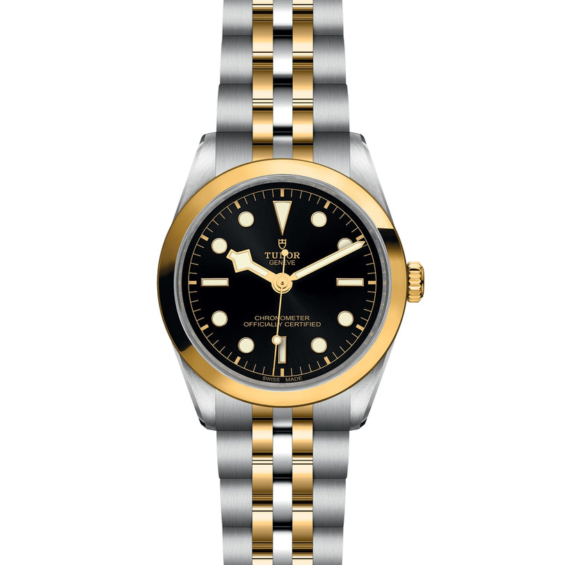 The TUDOR Black Bay One 36 S&G is a two-tone wristwatch featuring a black dial, gold hour markers, gold bezel, and a stainless steel and gold bracelet. The time on the watch is set to 10:10.