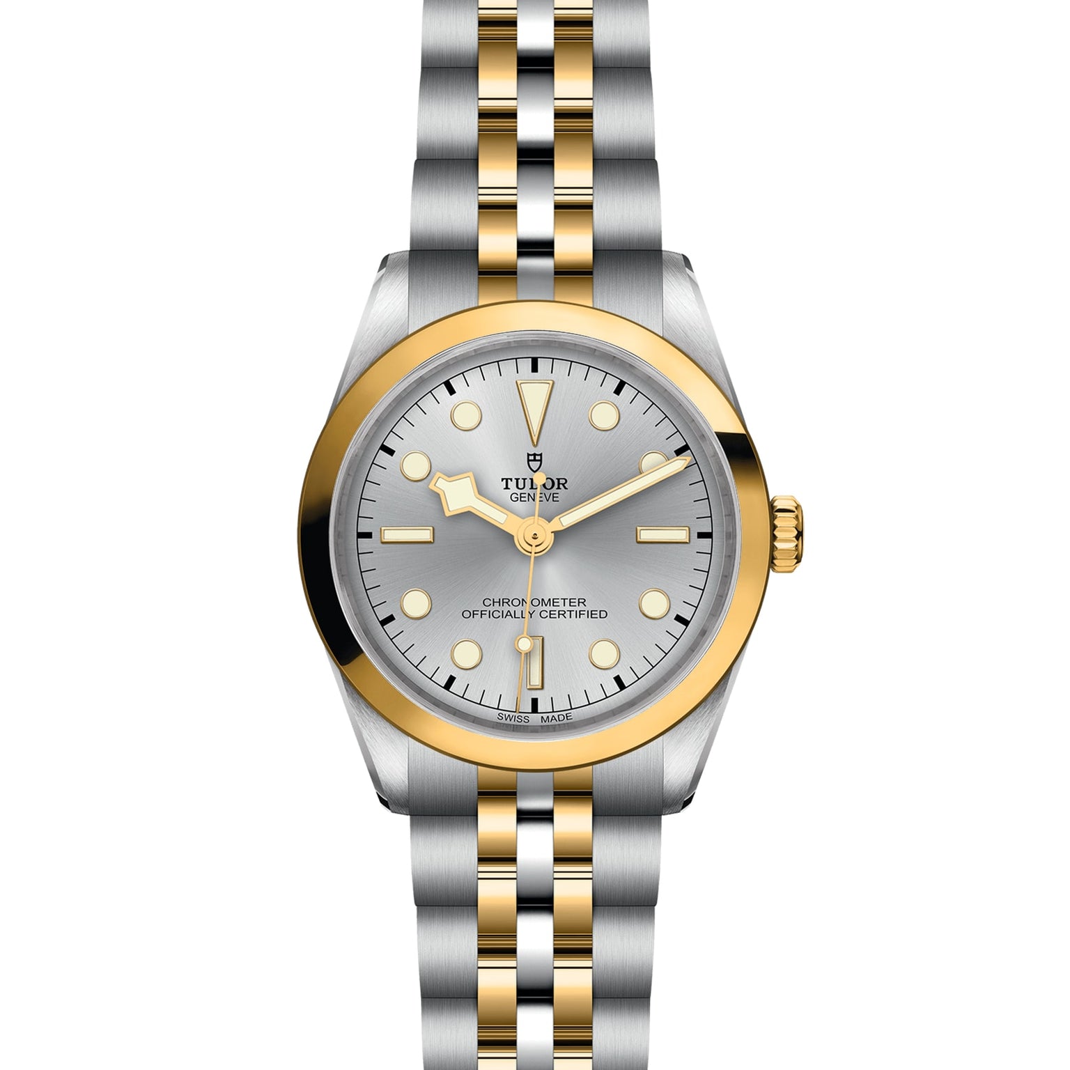 The TUDOR Black Bay One 36 S&G is a two-tone wristwatch with a silver dial, gold bezel, gold and silver bracelet, date window, and is chronometer officially certified.