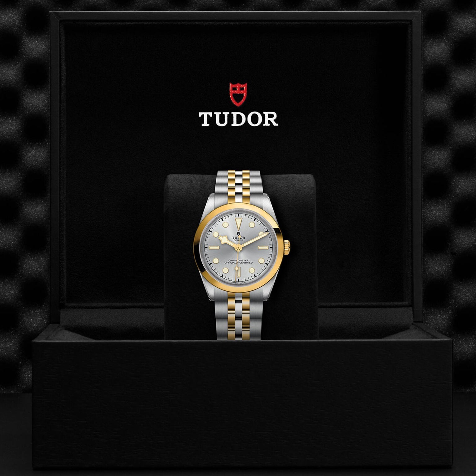 A TUDOR Black Bay One 36 S&G wristwatch with a two-tone metal band is displayed inside an open black presentation box featuring the TUDOR logo and emblem on the inner lid.