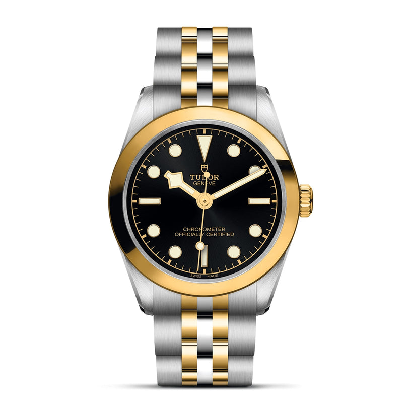 The TUDOR Black Bay One 31 S&G features a black dial, gold bezel, and stainless steel and gold bracelet, displaying the time at 10:10.