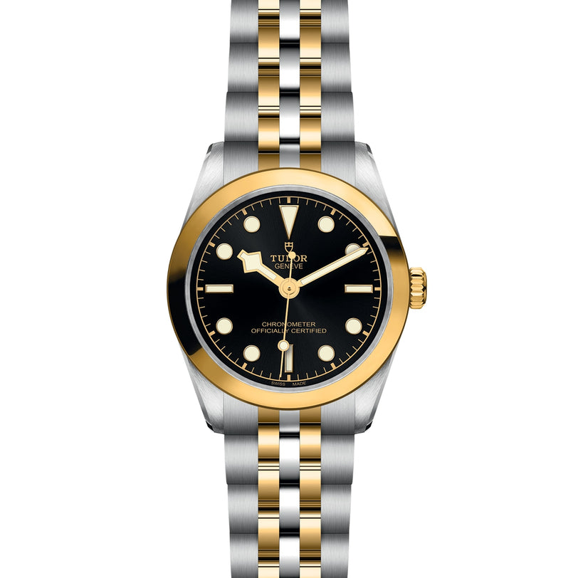 The TUDOR Black Bay One 31 S&G wristwatch features a black dial, gold accents, and a silver and gold metal bracelet, displayed against a white background.