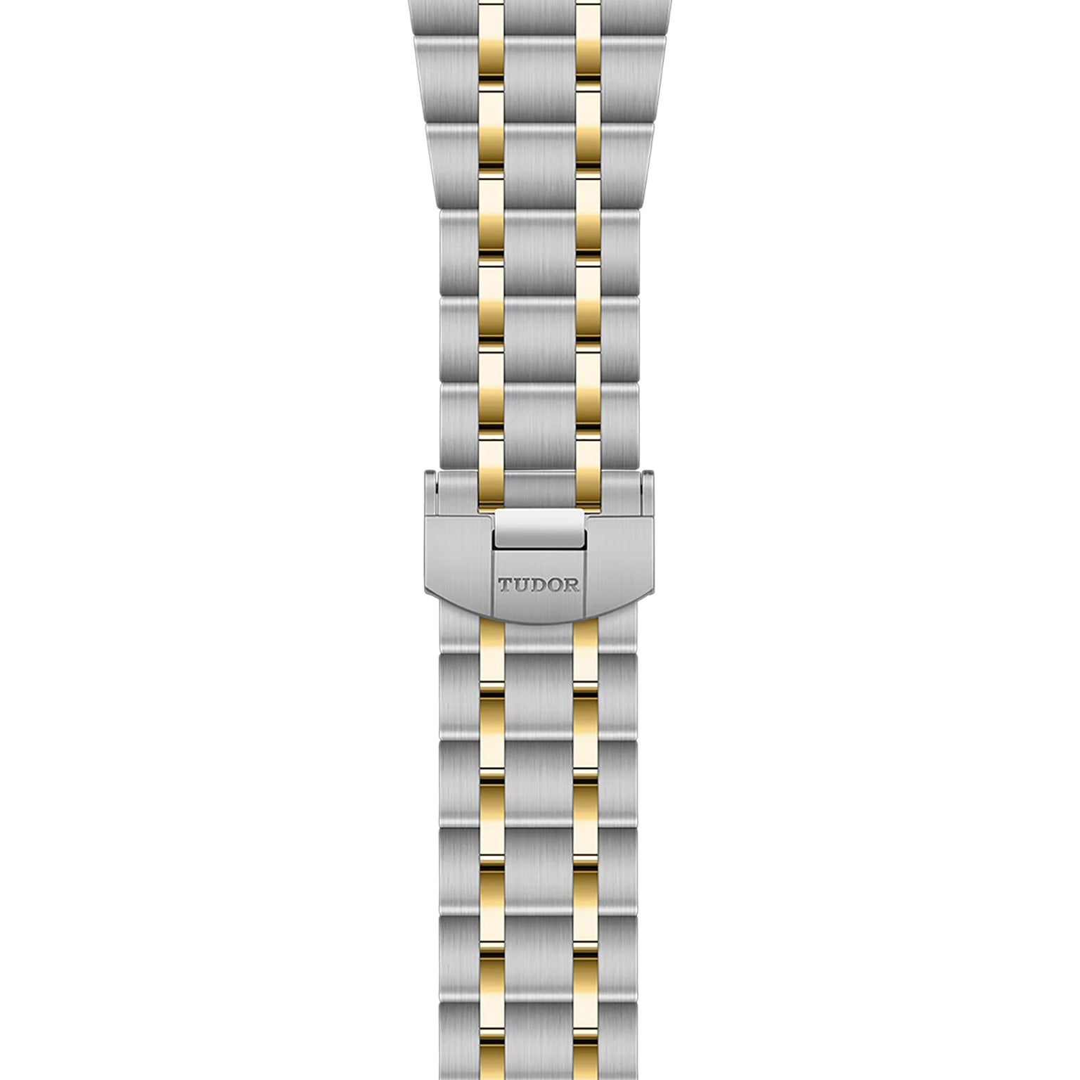 The TUDOR Royal features a two-tone stainless steel and gold bracelet with a folding clasp engraved with TUDOR, reflecting Rolex-inspired design often seen in automatic sport-chic watches.