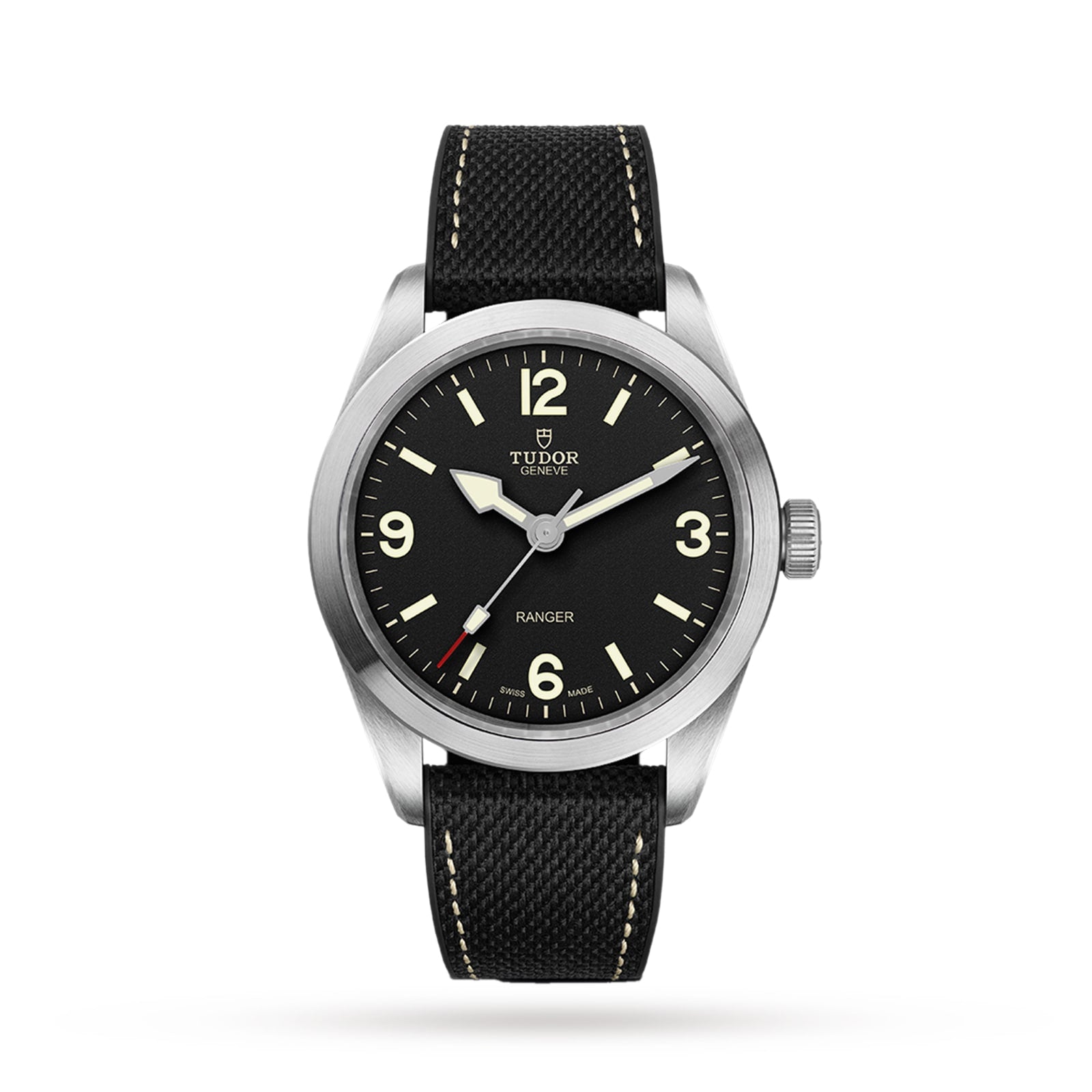 A TUDOR Ranger wristwatch with a black dial, white Super-LumiNova numerals, and a fabric strap is shown against a plain white background.