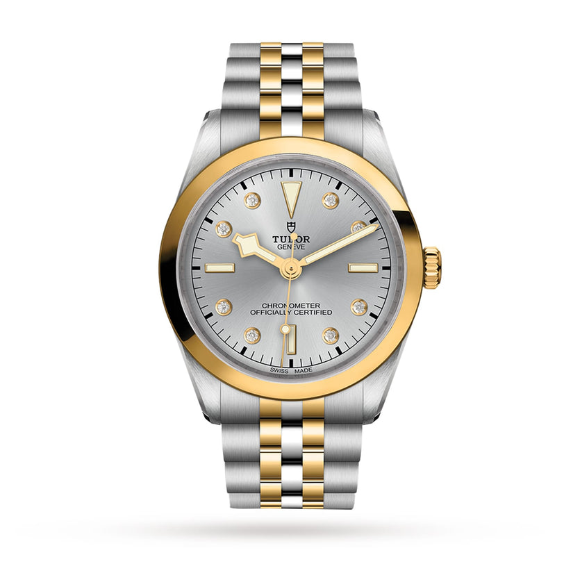 The TUDOR Black Bay One 36 S&G features a two-tone design with a silver dial, gold bezel, steel and gold bracelet, and diamond hour markers, displayed against a white background.