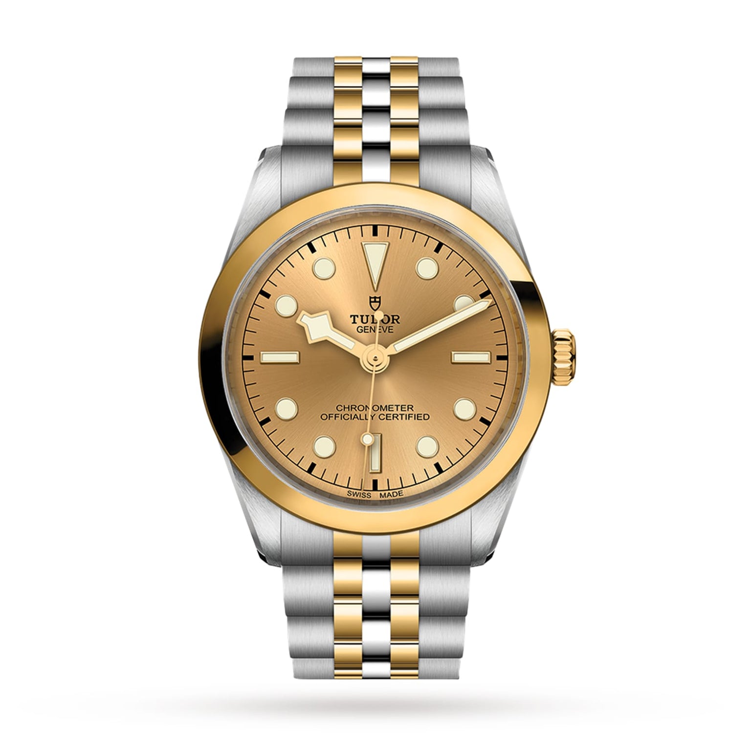 The TUDOR Black Bay One 36 S&G is a two-tone wristwatch with a steel & gold bracelet, gold bezel, and champagne dial featuring simple hour markers and three hands.