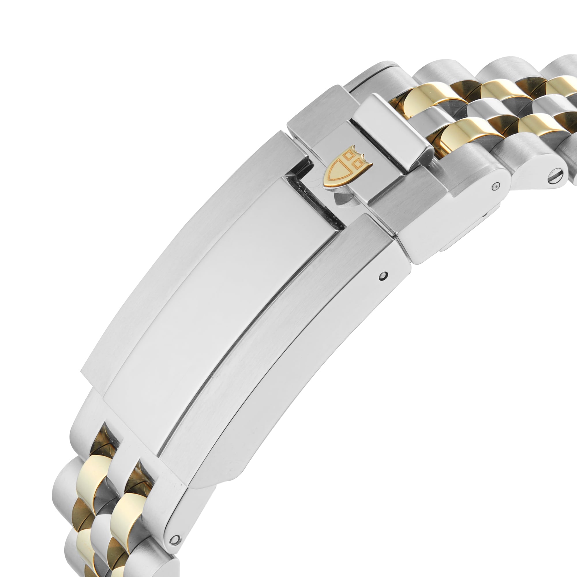 Close-up of a TUDOR Black Bay One 36 S&G bracelet, crafted in two-tone stainless steel and yellow gold with a fold-over clasp—an elegant detail signature to this model.