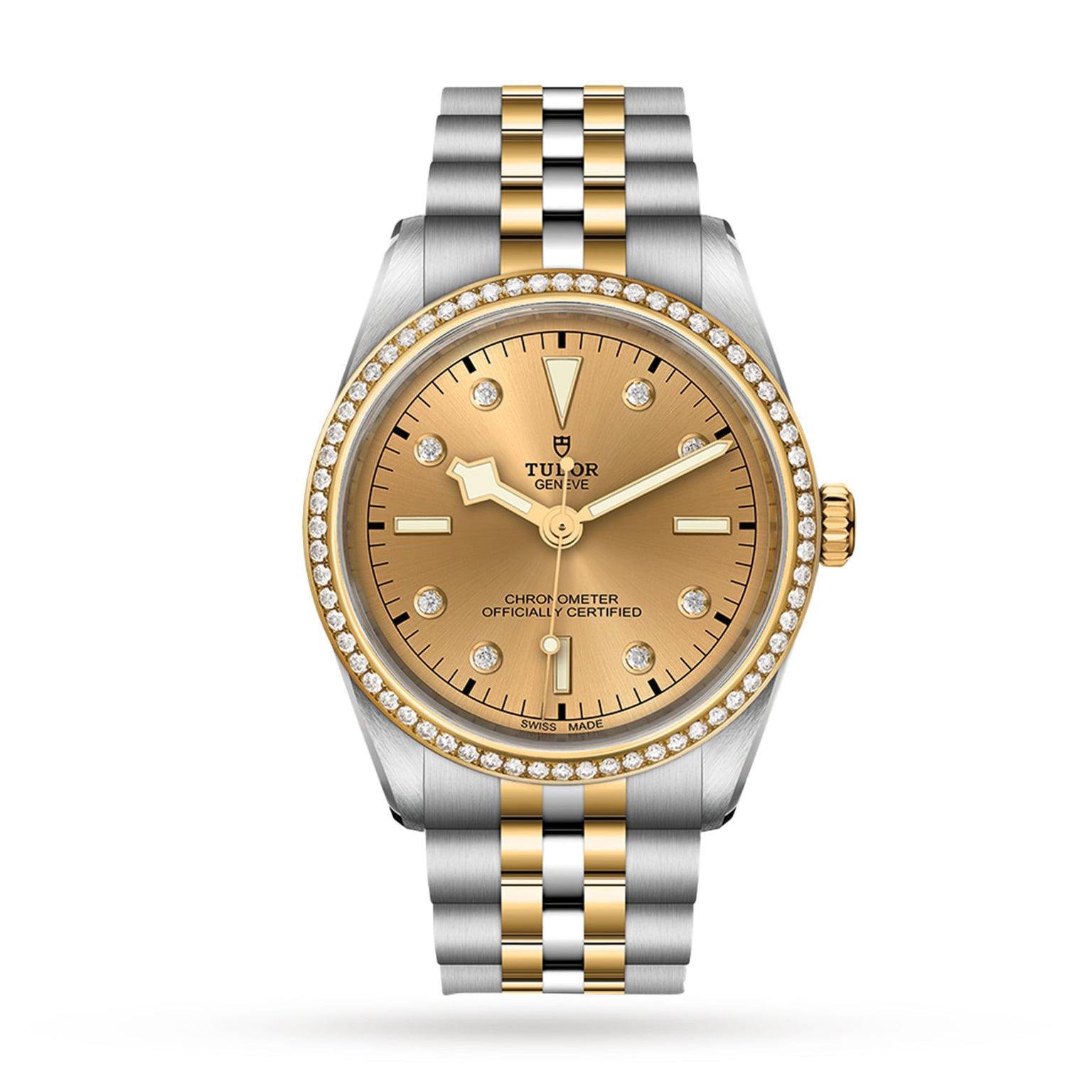 The TUDOR Black Bay One 36 S&G features a gold and silver band, yellow gold dial, diamond hour markers, and a diamond-set bezel—an elegant addition to your collection.
