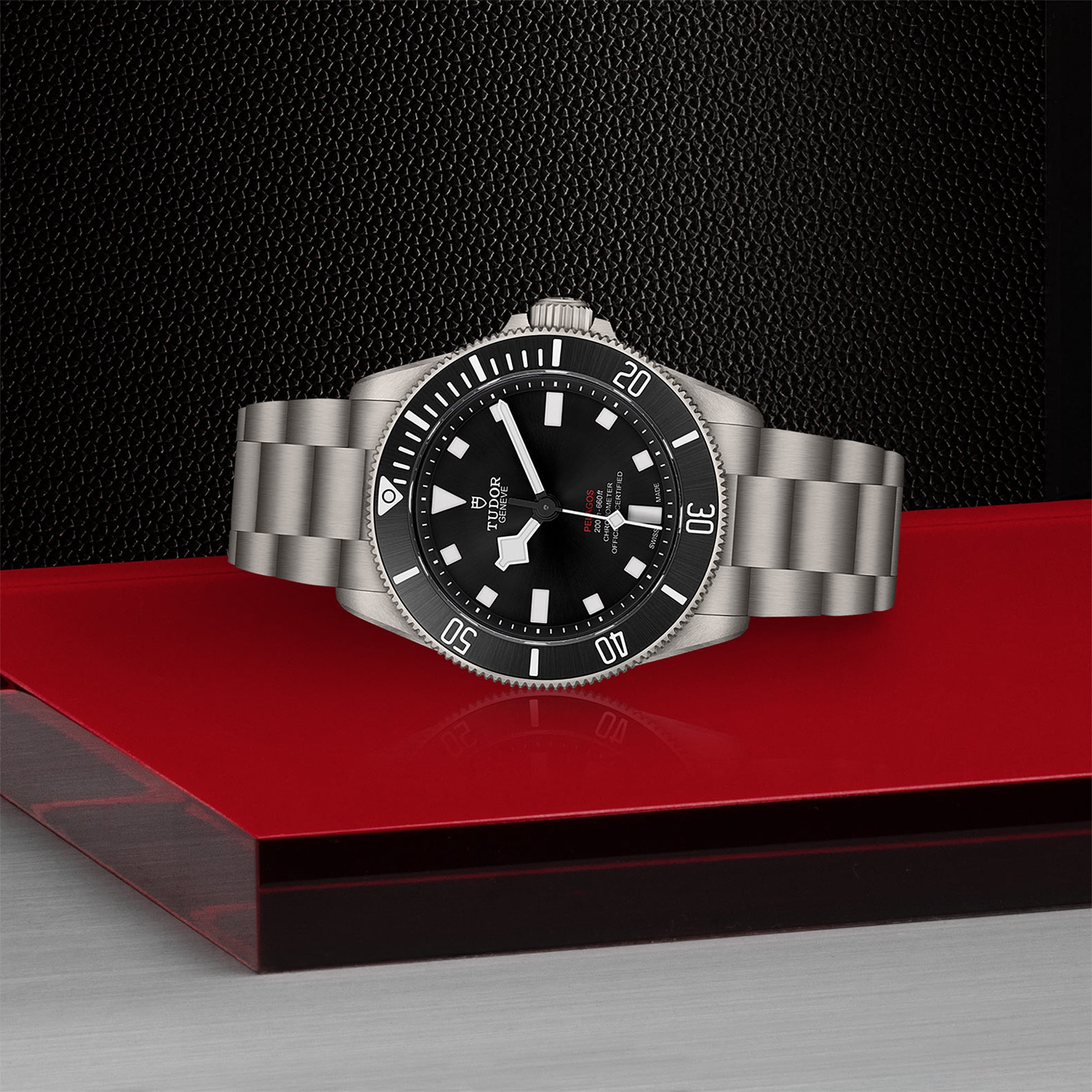 The TUDOR Pelagos 39 is a stainless steel professional dive watch with a black dial and bezel, displayed on a red and black surface against a textured dark background.