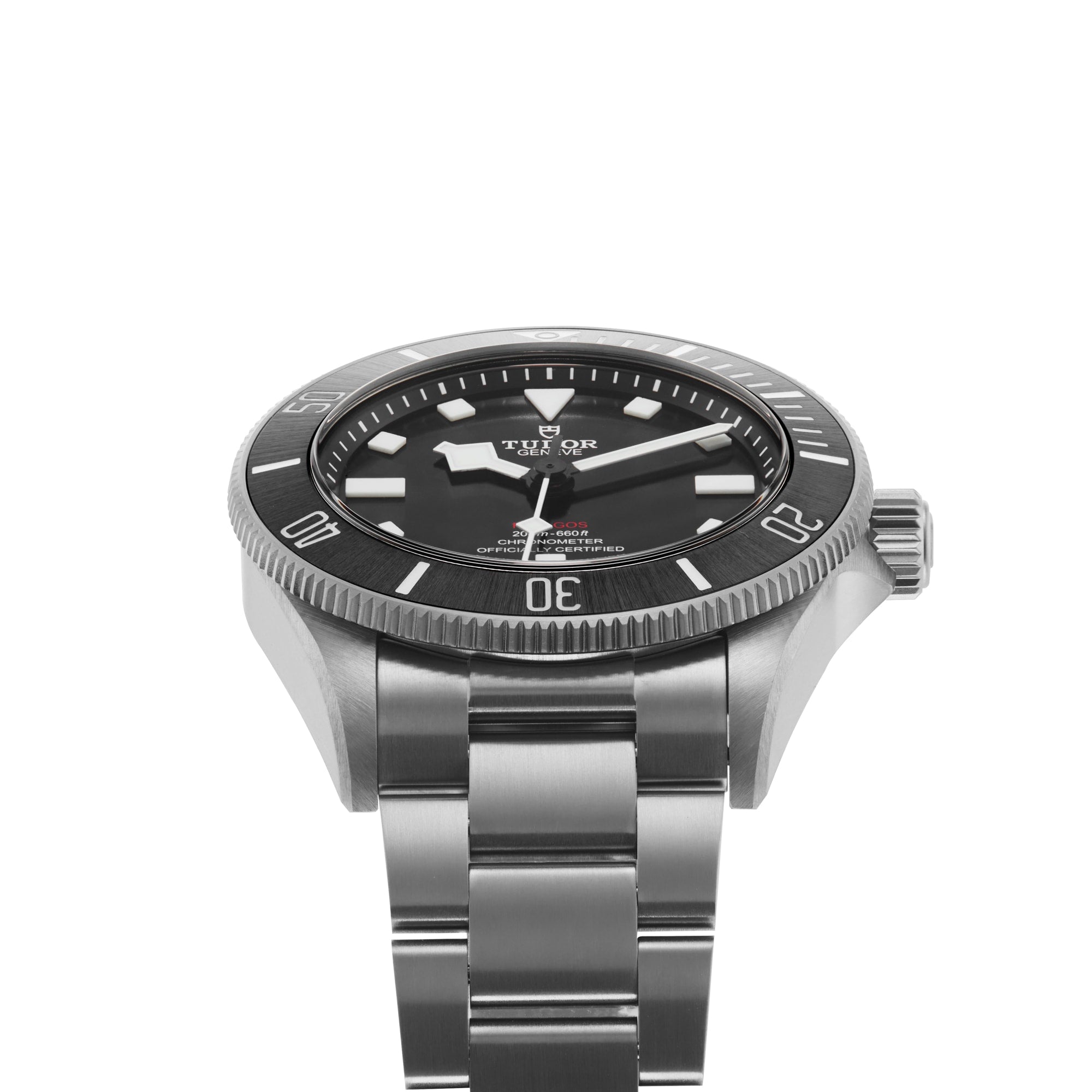 The TUDOR Pelagos 39 is a stainless steel wristwatch with a black bezel, black dial, white hour markers, and metal bracelet—expertly crafted for those who appreciate professional dive watches. Photographed against a white background.