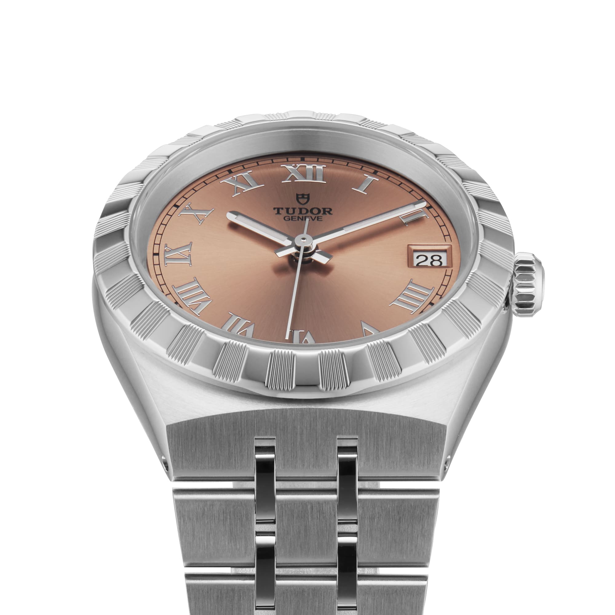 The TUDOR Royal is a sport chic wristwatch with a silver metal band, fluted bezel, bronze sunray dial with Roman numerals, automatic movement, and a date window at 3 o’clock.