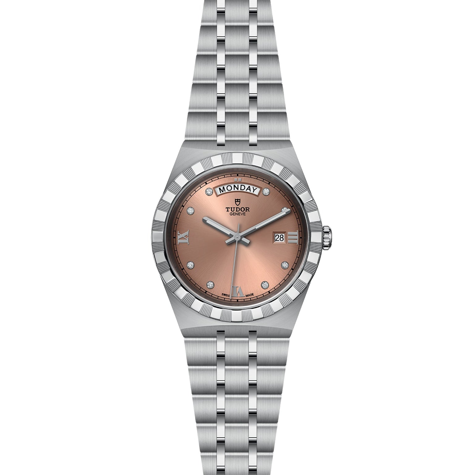 The TUDOR Royal is a stainless steel wristwatch with a pink dial, day and date display, diamond hour markers, and a sport-chic metal link bracelet.