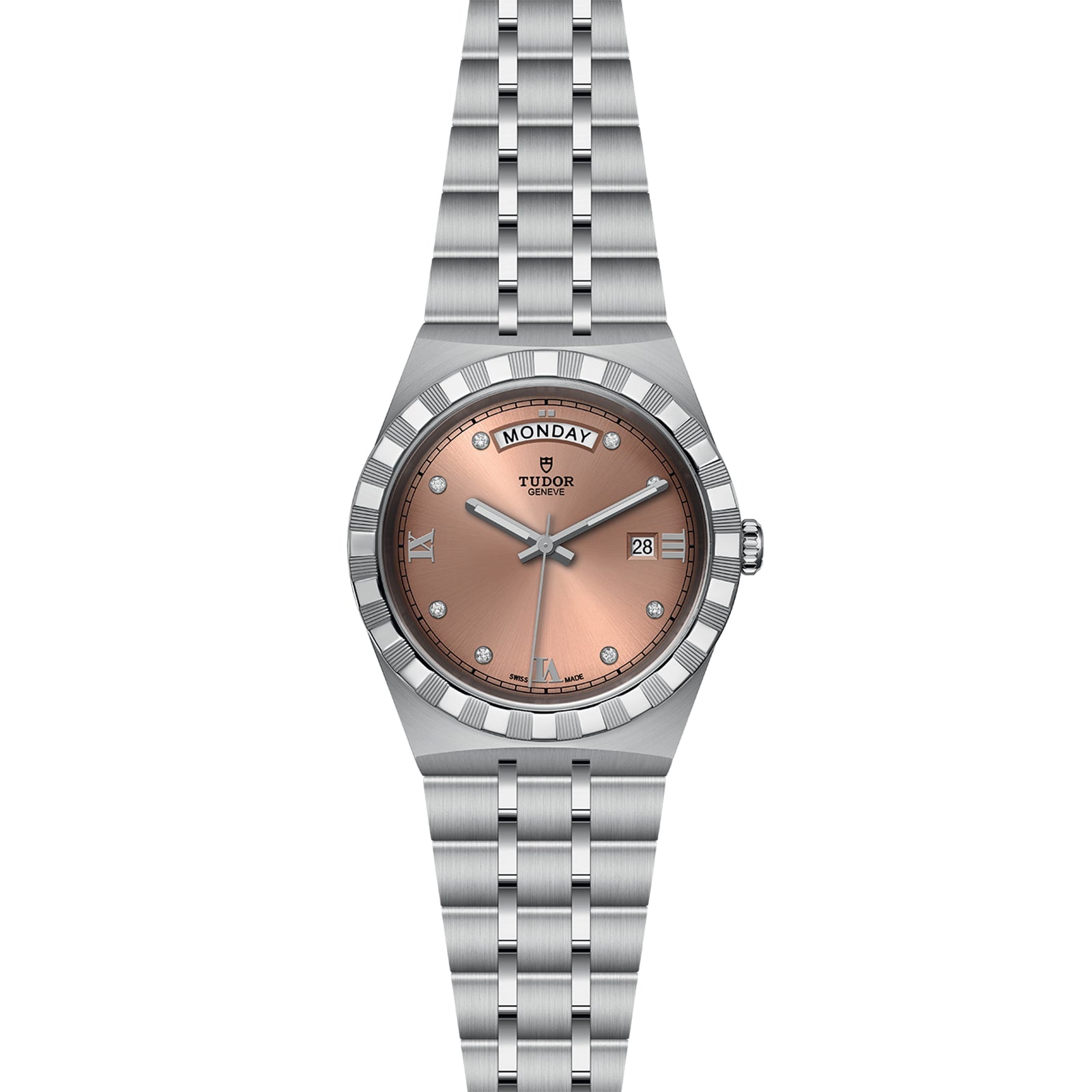 The TUDOR Royal is a stainless steel wristwatch with a pink dial, day and date display, diamond hour markers, and a sport-chic metal link bracelet.