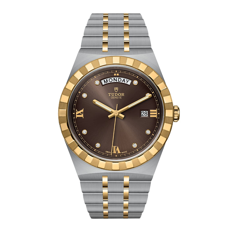 The TUDOR Royal wristwatch features a brown dial, gold and silver bracelet, automatic movement, day and date display, Roman numerals, and diamond hour markers.
