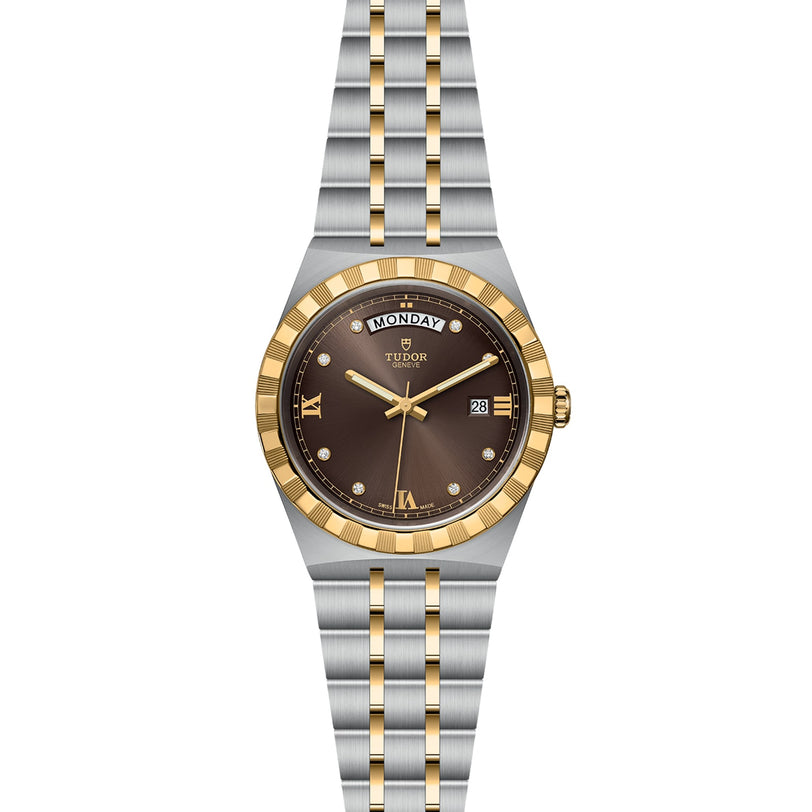 The TUDOR Royal wristwatch features a brown dial, gold Roman numerals, day and date display, automatic movement, and a stainless steel and gold bracelet.
