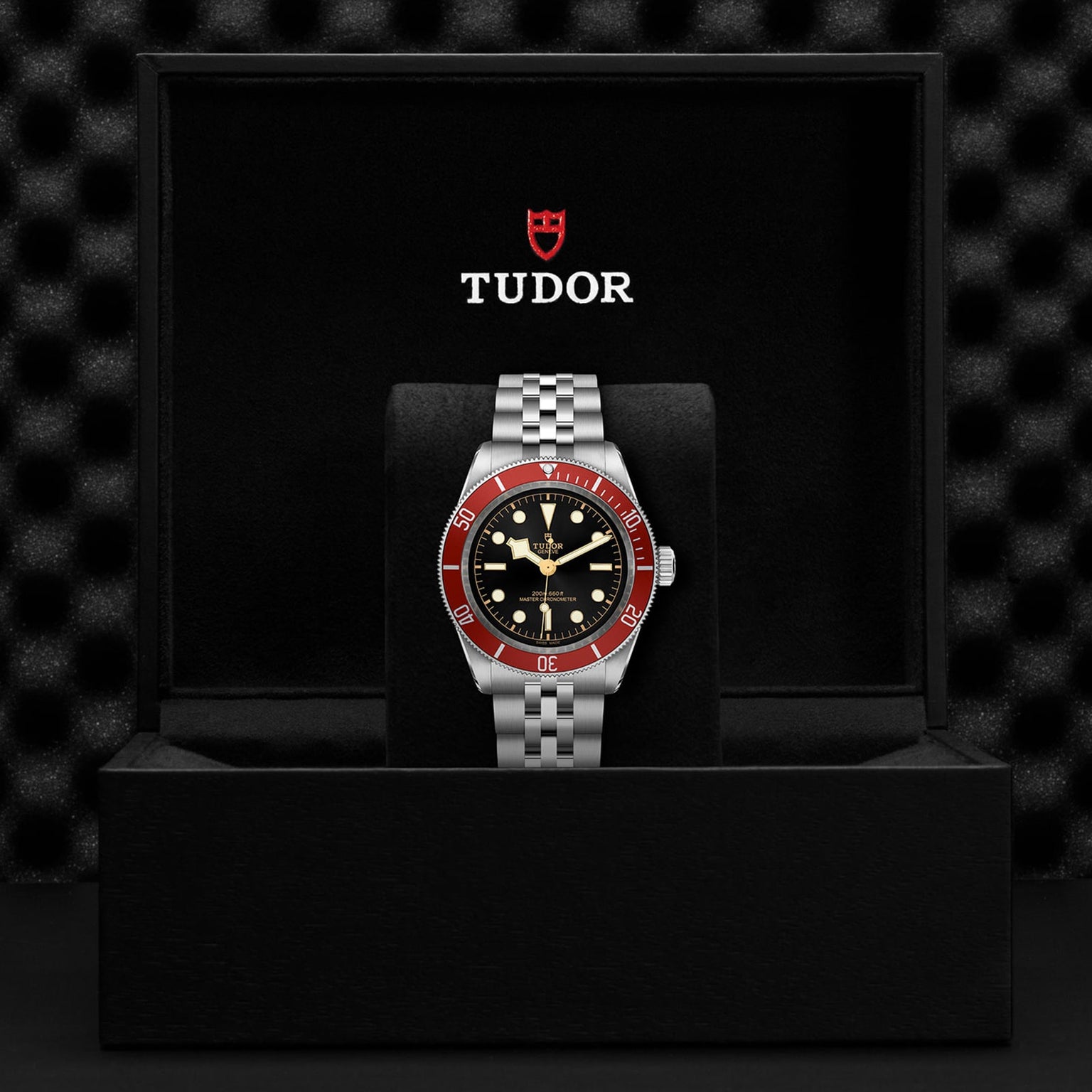 A TUDOR Black Bay wristwatch with a burgundy bezel and metal bracelet stands upright in a black presentation box with the Tudor logo above.