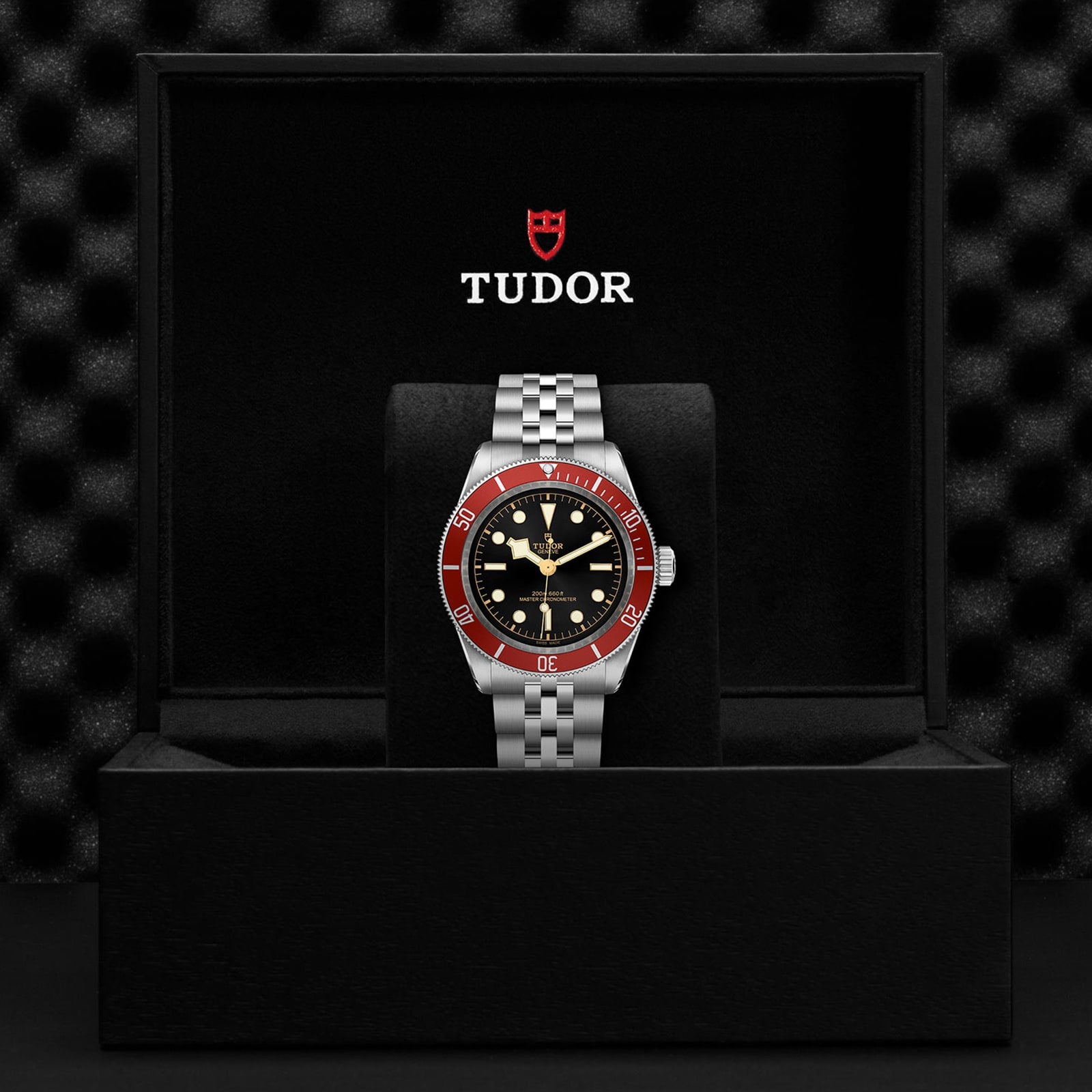 A TUDOR Black Bay wristwatch with a burgundy bezel and metal bracelet stands upright in a black presentation box with the Tudor logo above.