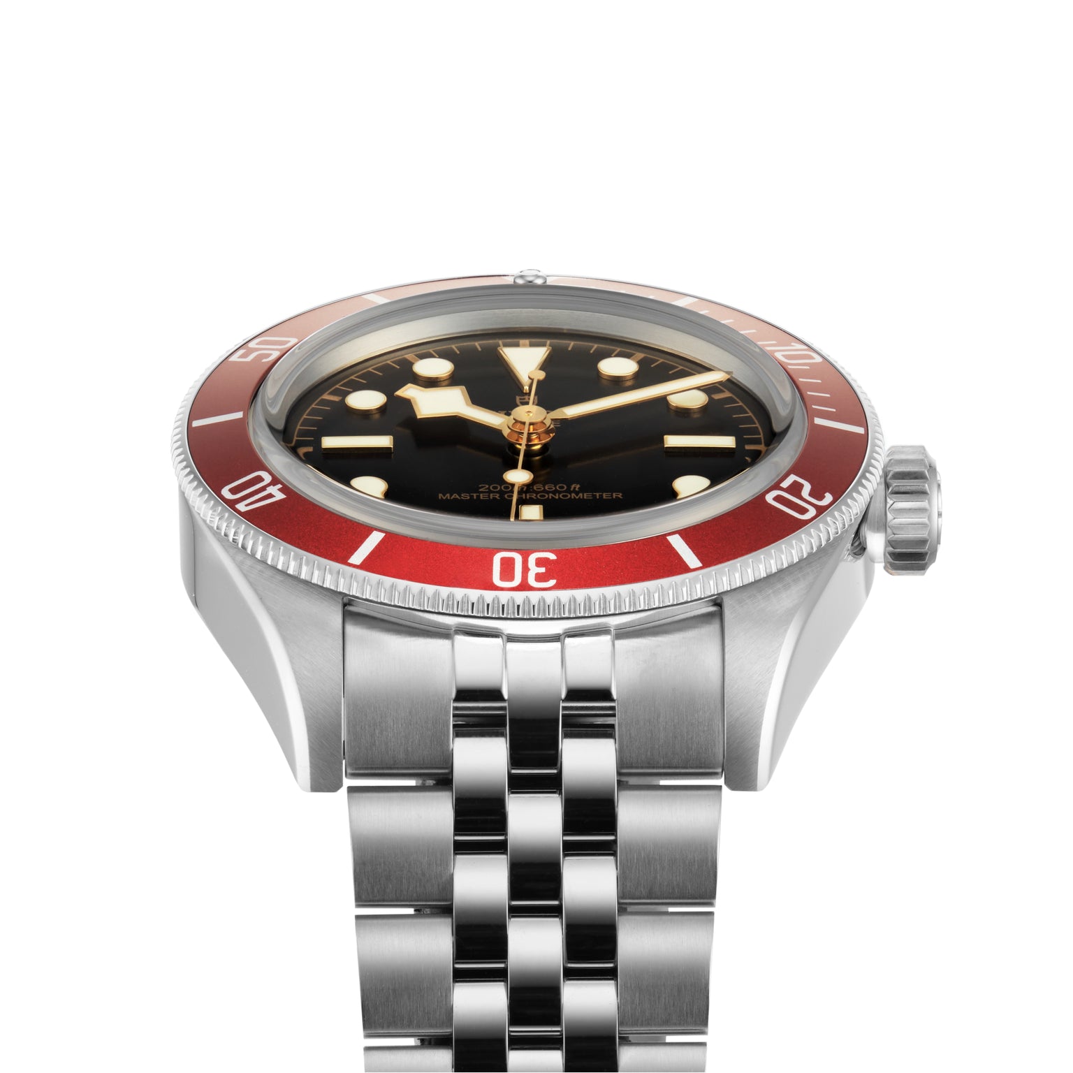 The TUDOR Black Bay is a stainless steel wristwatch with a burgundy bezel, black dial, luminous markers, and a silver metal link bracelet.