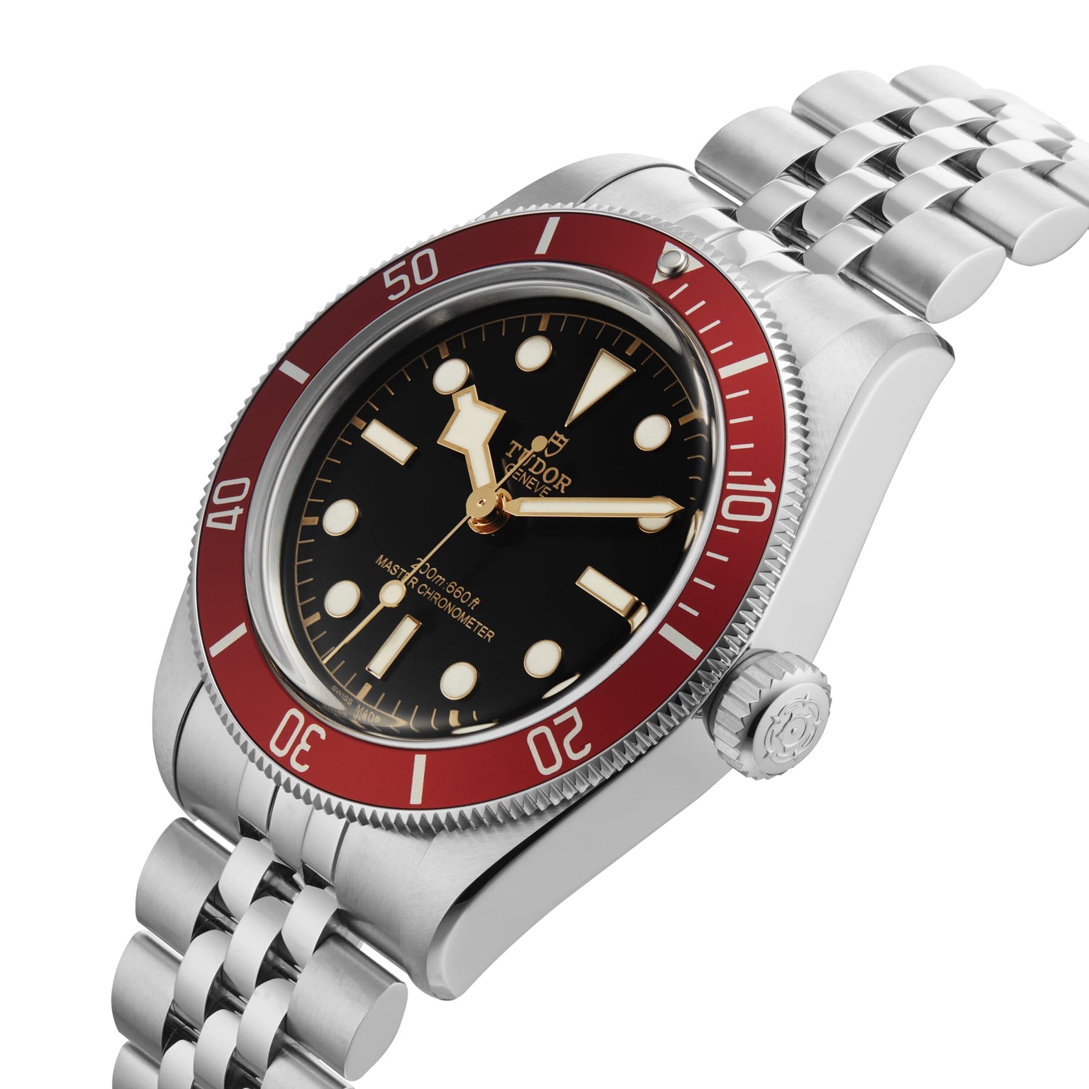 The TUDOR Black Bay wristwatch features a stainless steel case, black dial with round hour markers, a bold burgundy bezel, and a metal bracelet, shown at an angle.