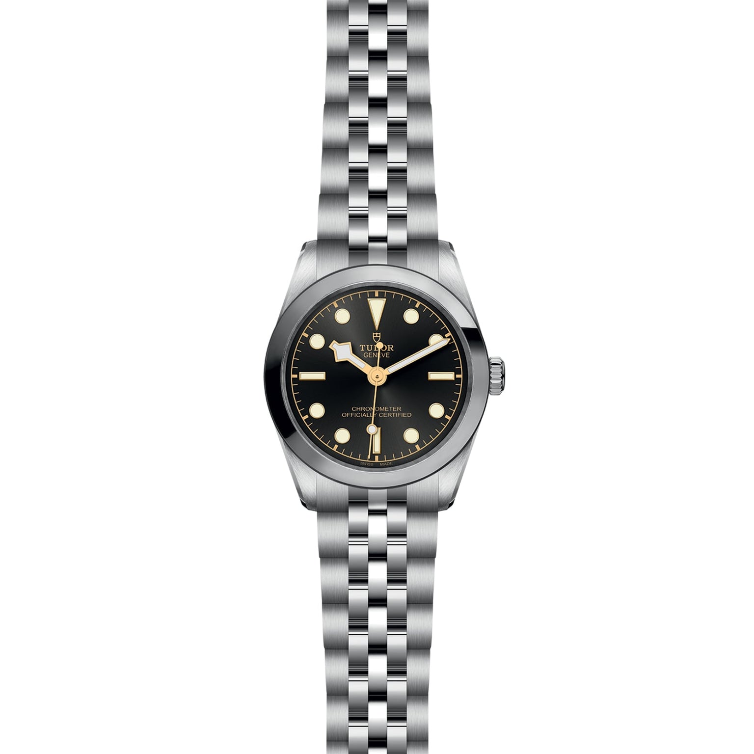 The TUDOR Black Bay 31 is a stainless steel unisex wristwatch with a black dial, round markers, and a five-link bracelet. It features Manufacture Calibres for precision and chic style, displayed against a white background.