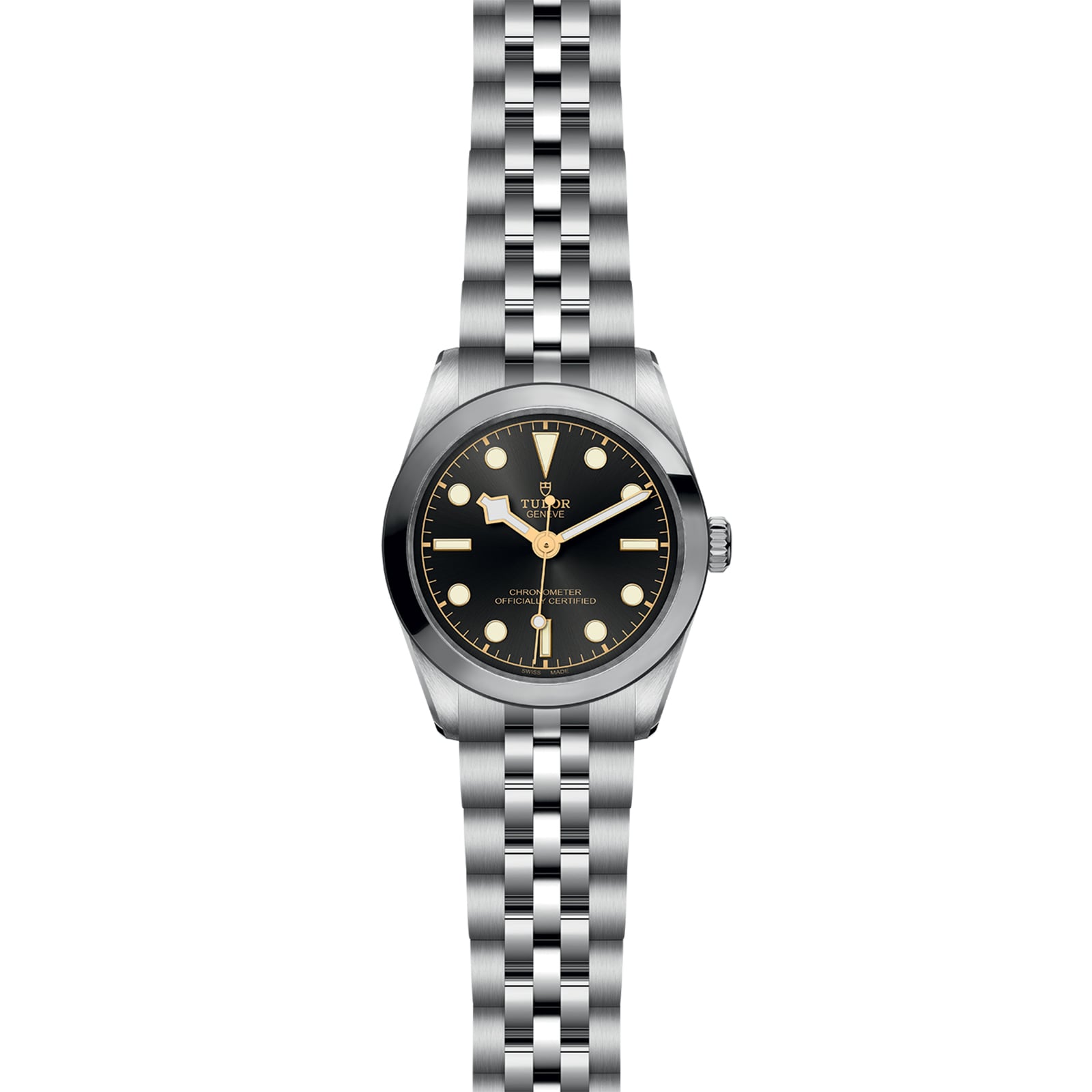 The TUDOR Black Bay 31 is a stainless steel unisex wristwatch with a black dial, round markers, and a five-link bracelet. It features Manufacture Calibres for precision and chic style, displayed against a white background.