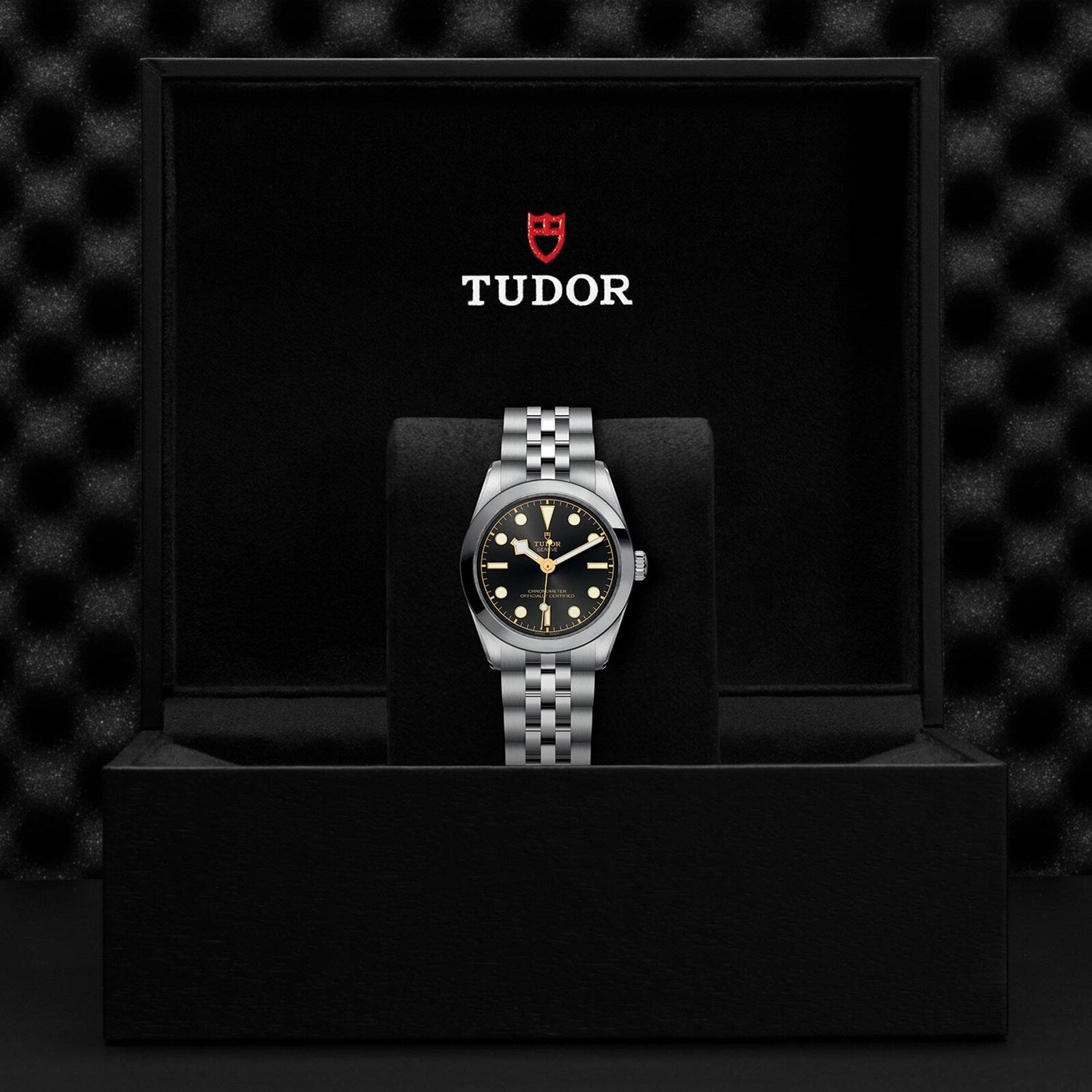 A TUDOR Black Bay 31 with a black dial and silver bracelet is displayed in an open black box bearing the TUDOR logo inside the lid, showcasing unisex chic style and the precision of Manufacture Calibres.