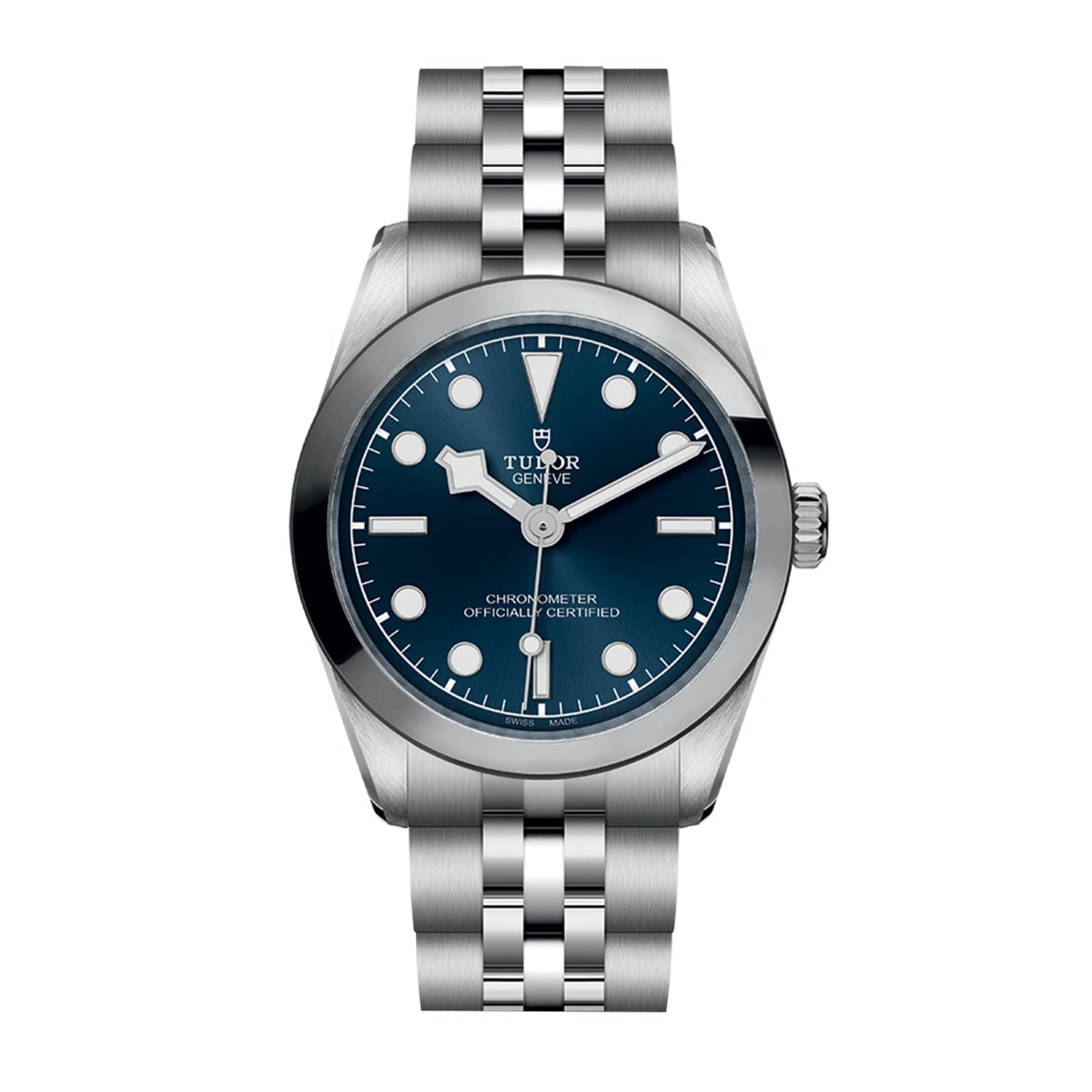 The TUDOR Black Bay One 31 is a unisex stainless steel wristwatch featuring a blue dial, silver hour markers, and a metal link bracelet—a chic design inspired by Black Bay models that embodies timeless elegance.