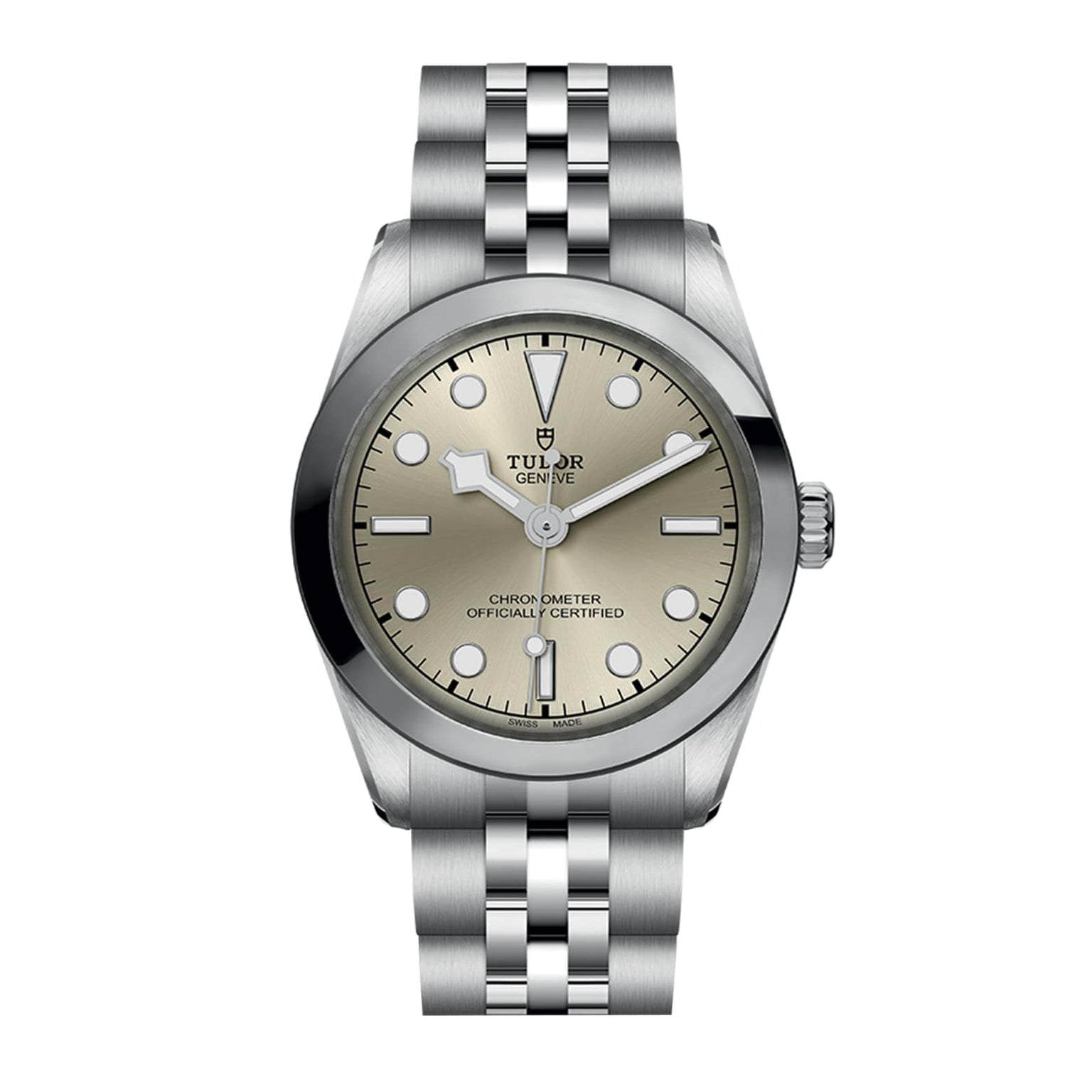 A TUDOR Black Bay One 31 wristwatch with a silver case, light beige dial, and metal link bracelet.