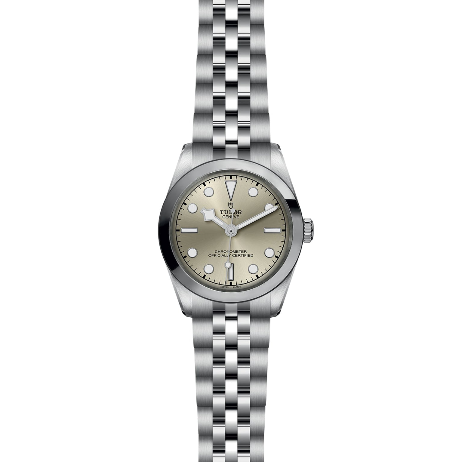 A TUDOR Black Bay One 31 wristwatch with a metal link bracelet and a light-colored dial.