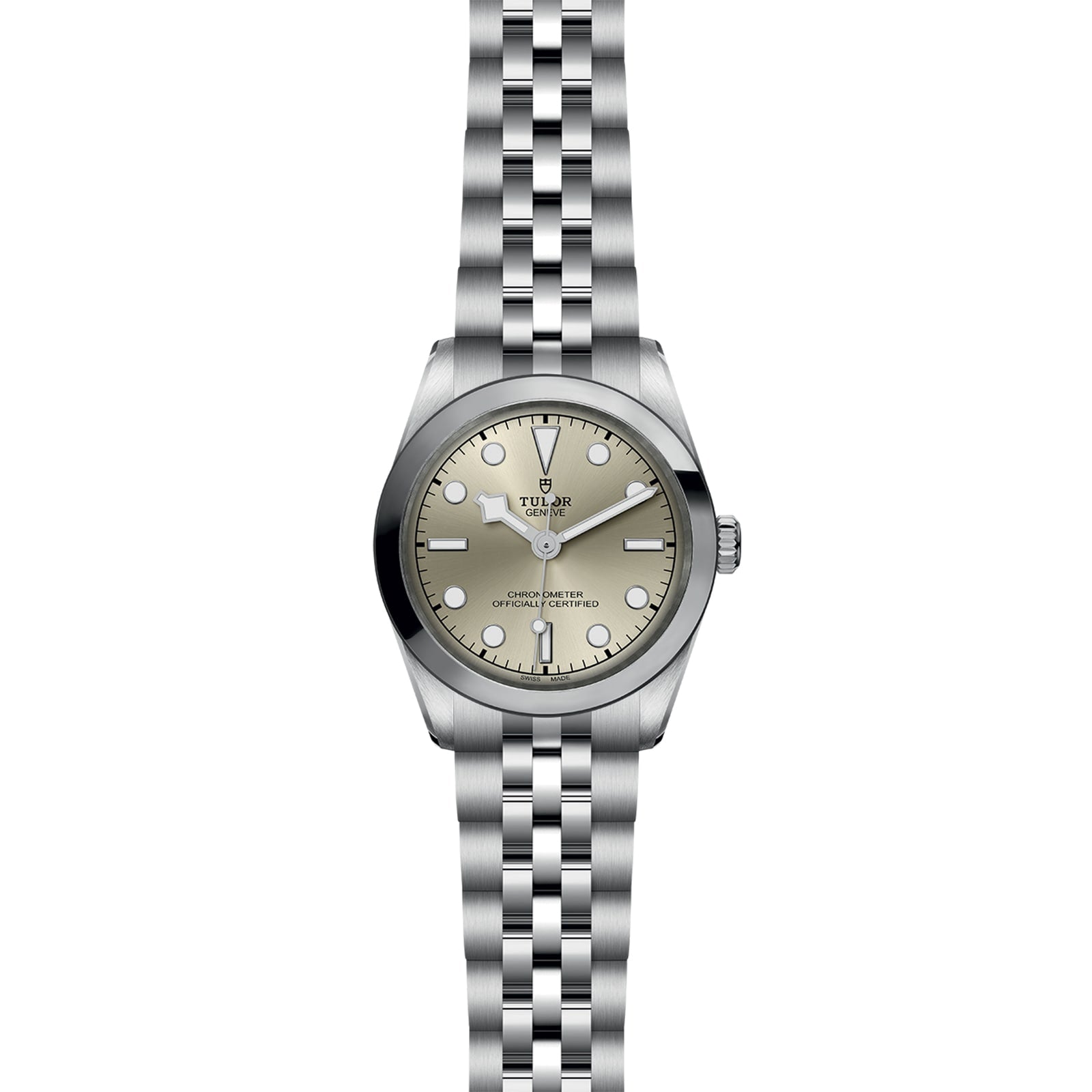 A TUDOR Black Bay One 31 wristwatch with a metal link bracelet and a light-colored dial.