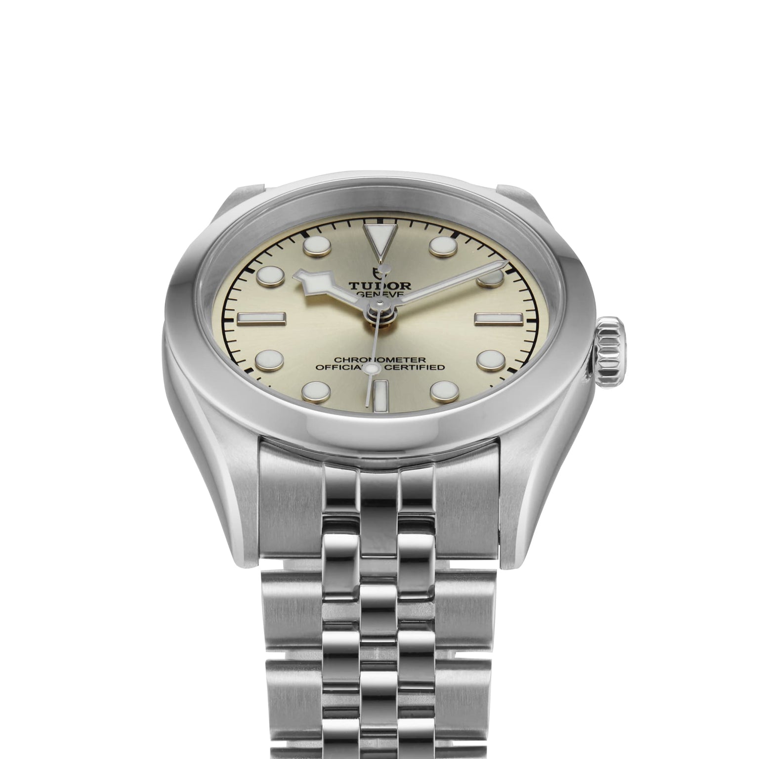The TUDOR Black Bay One 31 is a stainless steel wristwatch with a cream dial, luminous markers, and a metal link bracelet featuring the TUDOR rapid adjustment system, shown on a white background.
