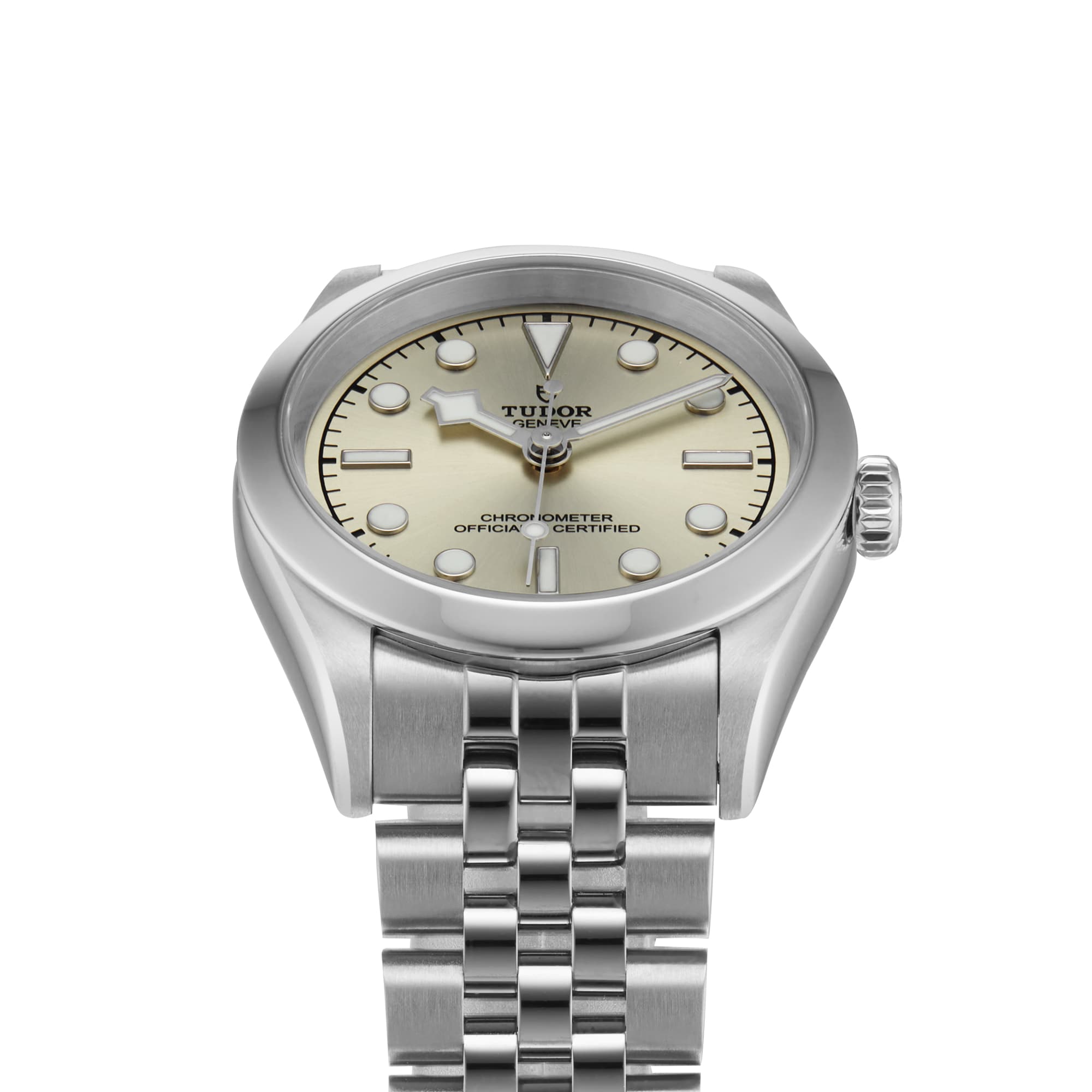 The TUDOR Black Bay One 31 is a stainless steel wristwatch with a cream dial, luminous markers, and a metal link bracelet featuring the TUDOR rapid adjustment system, shown on a white background.