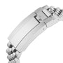 Close-up of a brushed stainless steel clasp with TUDOR’s shield logo, featured on the unisex Black Bay 31 watch, known for its Manufacture Calibre.