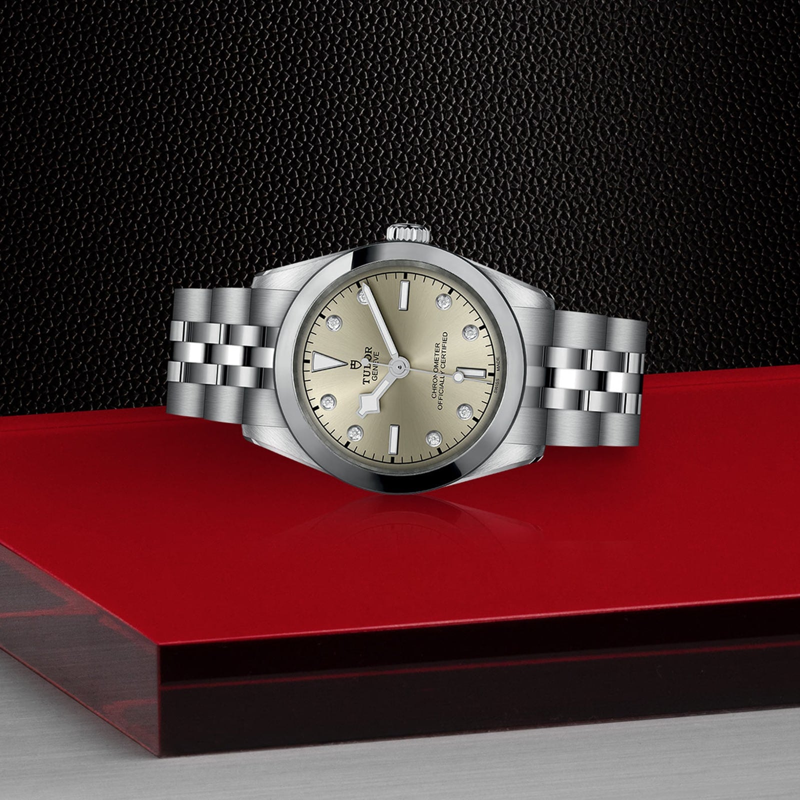 A TUDOR Black Bay One 31 wristwatch with a silver case and champagne dial, displayed on a red and black platform.