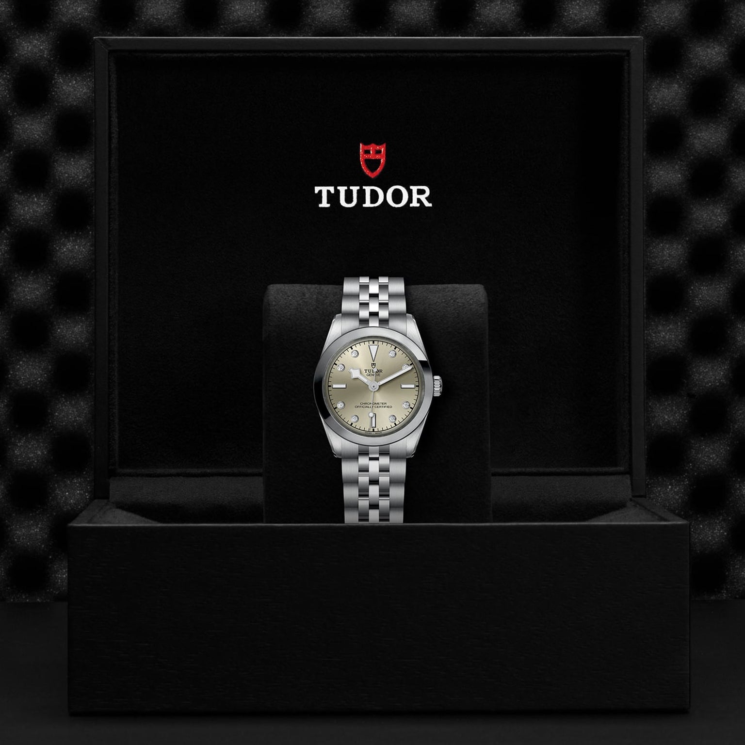The TUDOR Black Bay One 31 unisex watch, featuring a silver dial and metal bracelet, is showcased upright in an open black TUDOR presentation box, highlighting the brand’s refined technical watchmaking.