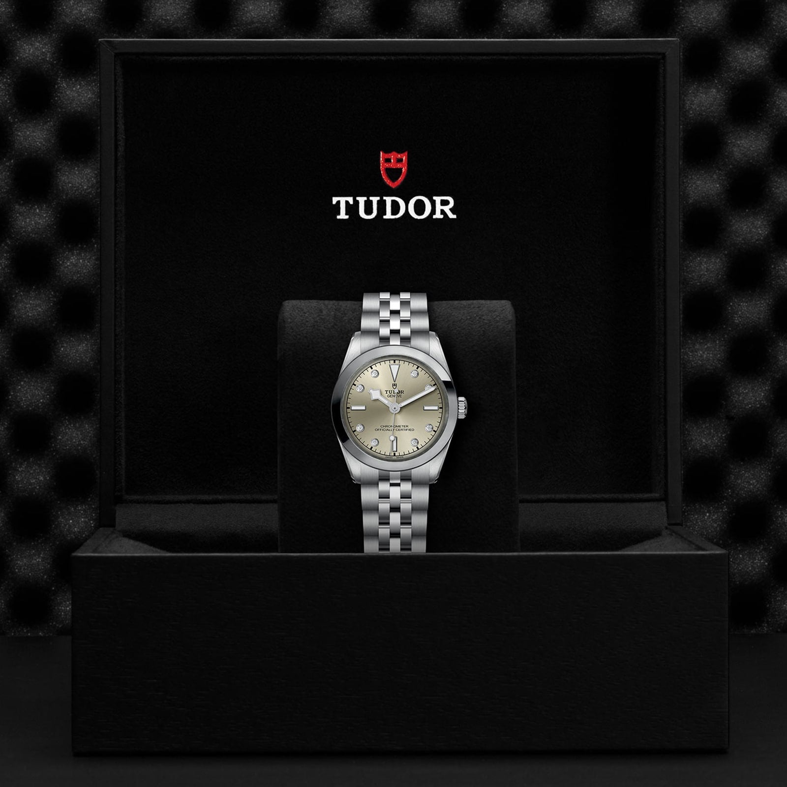 The TUDOR Black Bay One 31 unisex watch, featuring a silver dial and metal bracelet, is showcased upright in an open black TUDOR presentation box, highlighting the brand’s refined technical watchmaking.