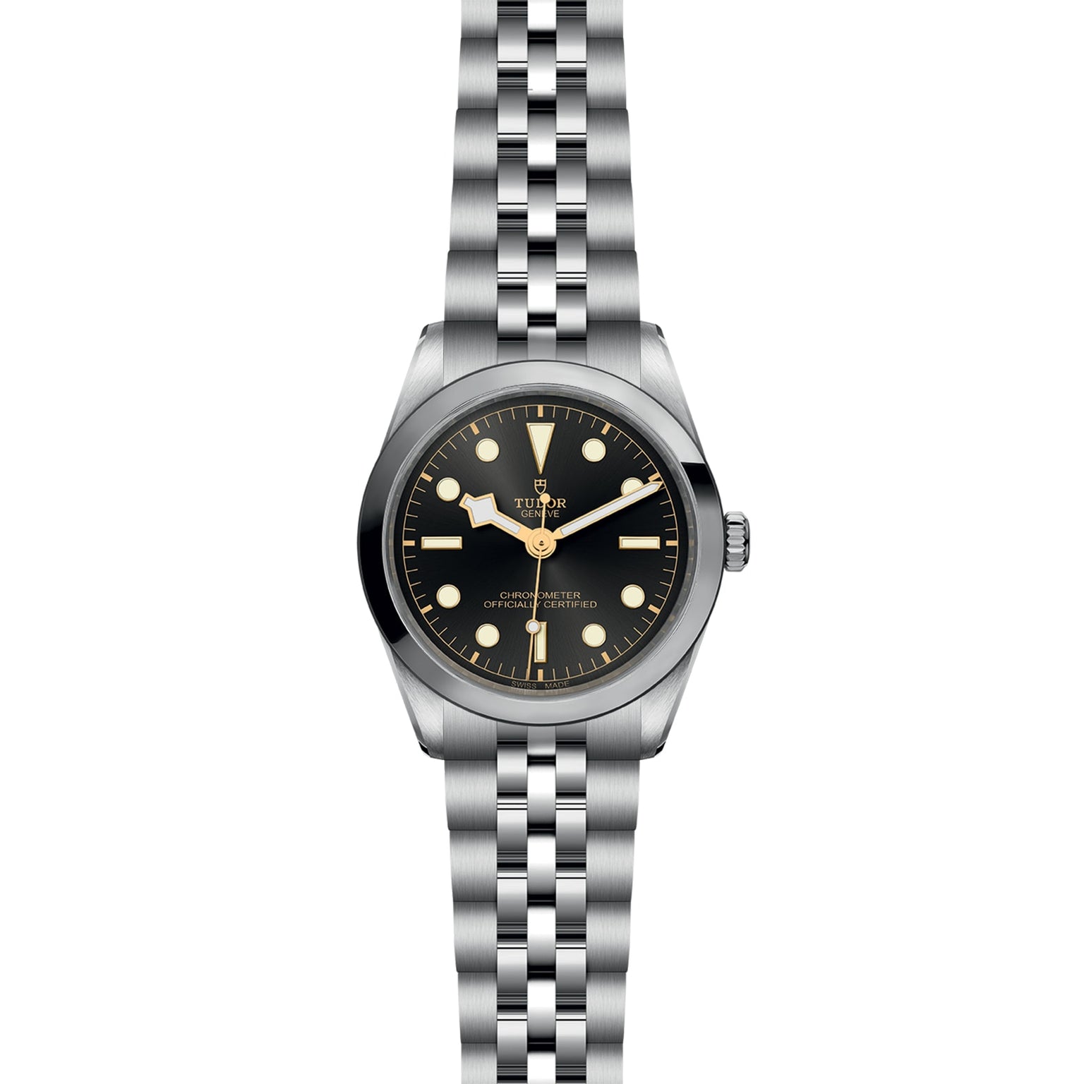 The TUDOR Black Bay One 36 is a stainless steel unisex wristwatch featuring a black dial, vintage hour markers, and a metal bracelet—a chic expression of technical refinement.